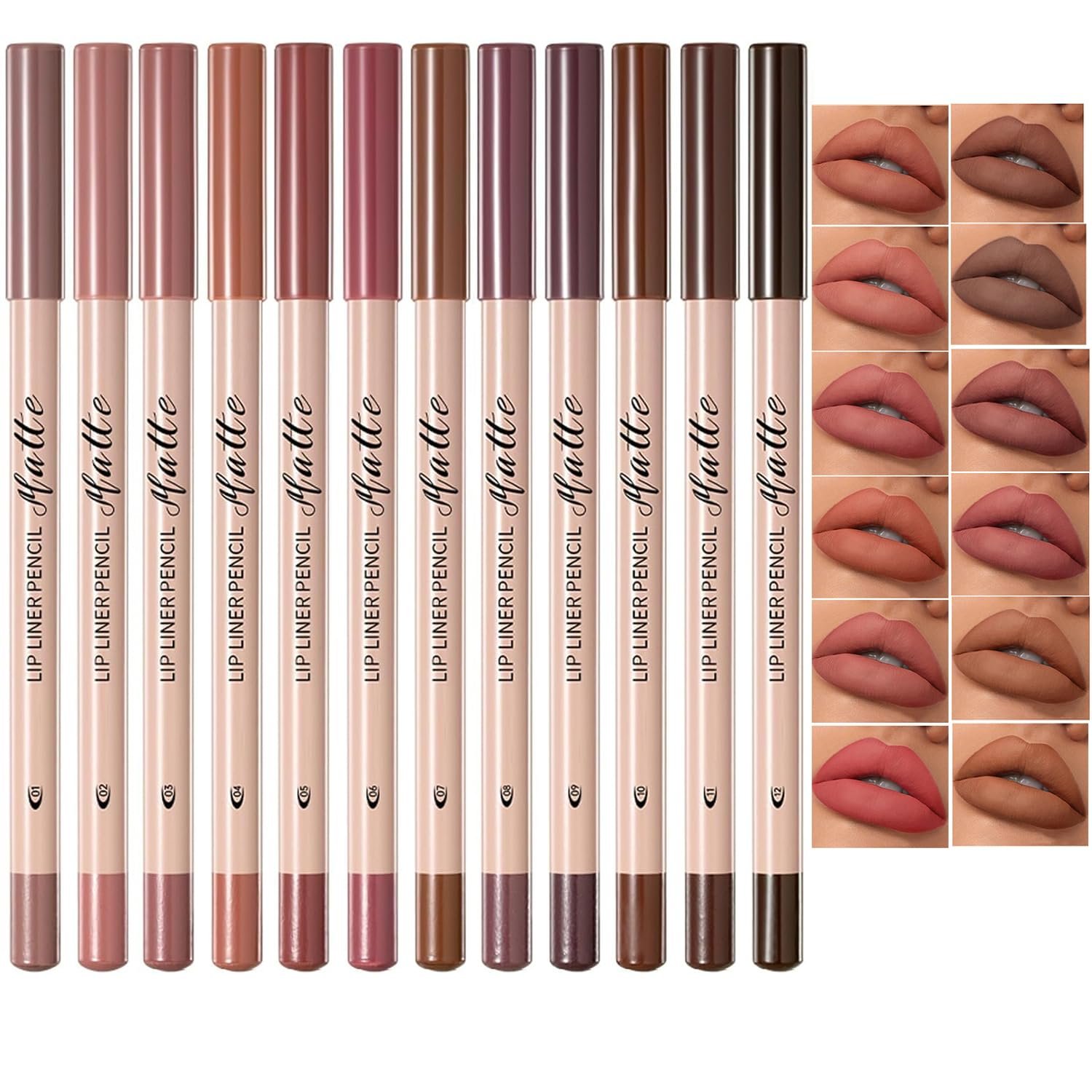 Matte Brown Lip Liner Pencil Set for Women,12PCS | Smooth,Longer-Lasting LipLiner Pen & Eyeliner Kit,High Pigmented Waterproof Lip Pencil,Brown Tone Natural Lip Makeup