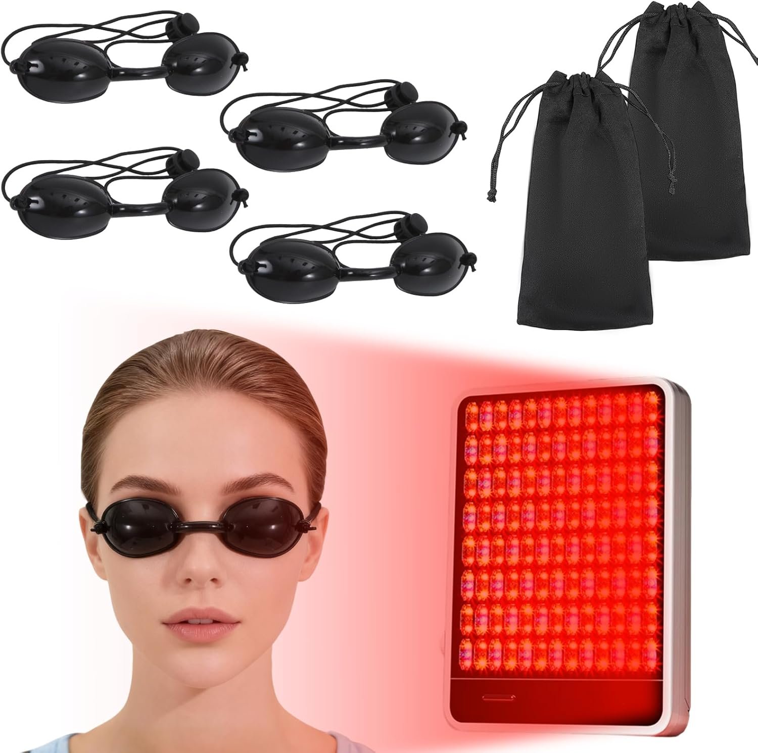 4 PCS Red Light Therapy Glasses, Half – clear Eyes Protection for Tanning Bed Goggles, Safety Glasses for Sunbathing & Laser Beauty Treatment, Black Wearing length adjustable Protective Goggles