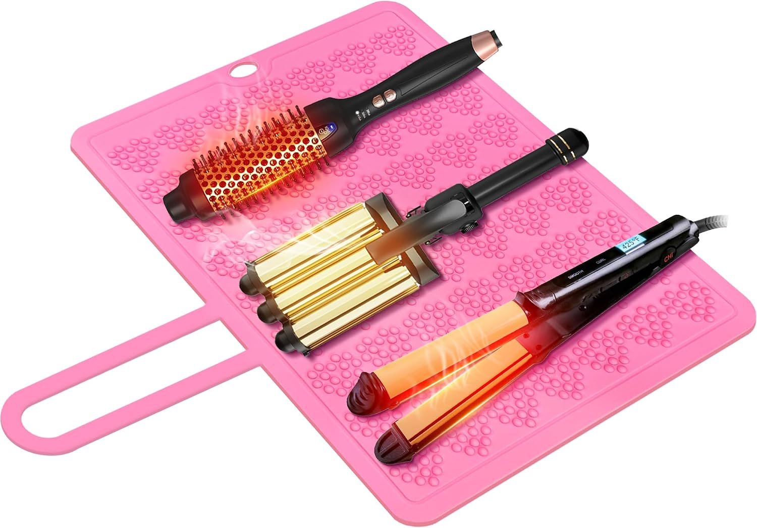 FERNIDA Large Silicone Heat Resistant Mat for Hot Hair Tools, Flat Iron Curling Iron Hair Straightener, Oversize Thick Heat Protection Mat for Women, Salon Home, 15″ x 12″, Pink