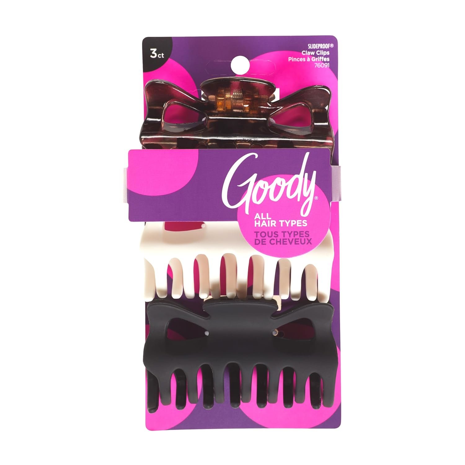 Goody SlideProof Large Claw Clips – 3 Ct, Tortoise Print, Black Matte & Ivory, Secure Grip Hair Styling Accessories for Women & Men, All Hair Types