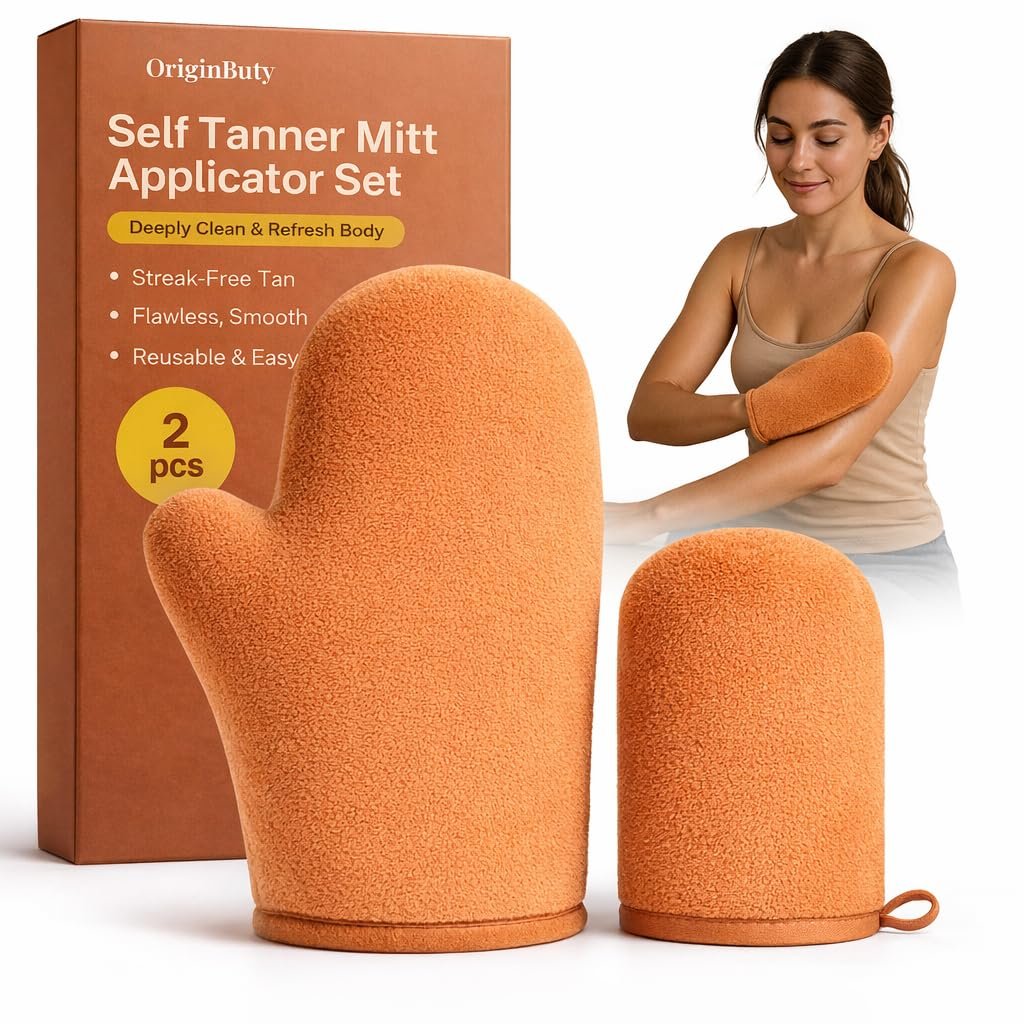 Self Tanner Mitt, Self Tanning Mitt Applicator, Sunning Tanning Gloves for Self Tan Lotion, Tan Applicator Set, Streak-Free Smooth Even Finish, Self Tanner Mitt for Mousse Spray, 2 Pack
