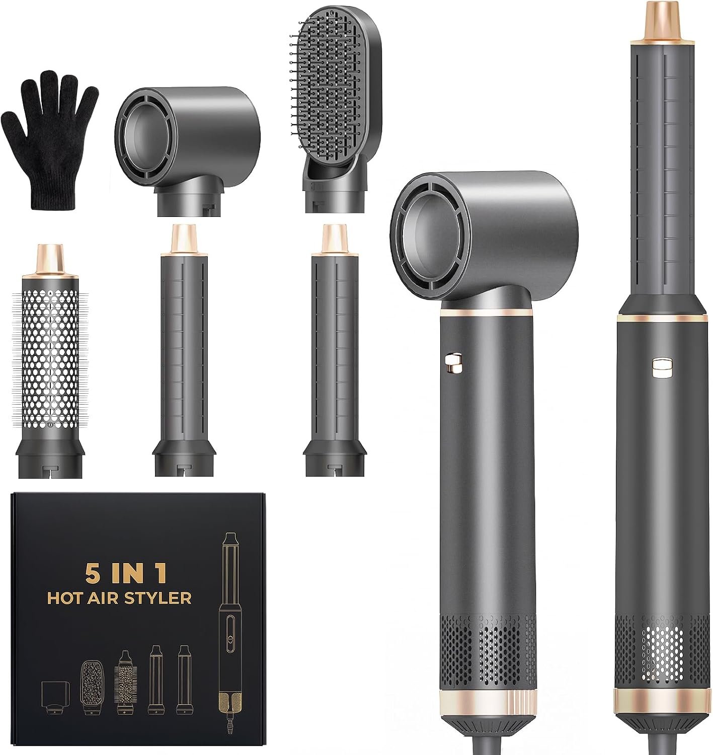 5 in 1 Hair Styler for Woman，Air Curling Wrap, Drying, Curling, Straightening & Volumizing, Hot Air Curler Dryer Brush Tool Set, Curl Styling Tools, Hair Styling at Home Travel -Grey
