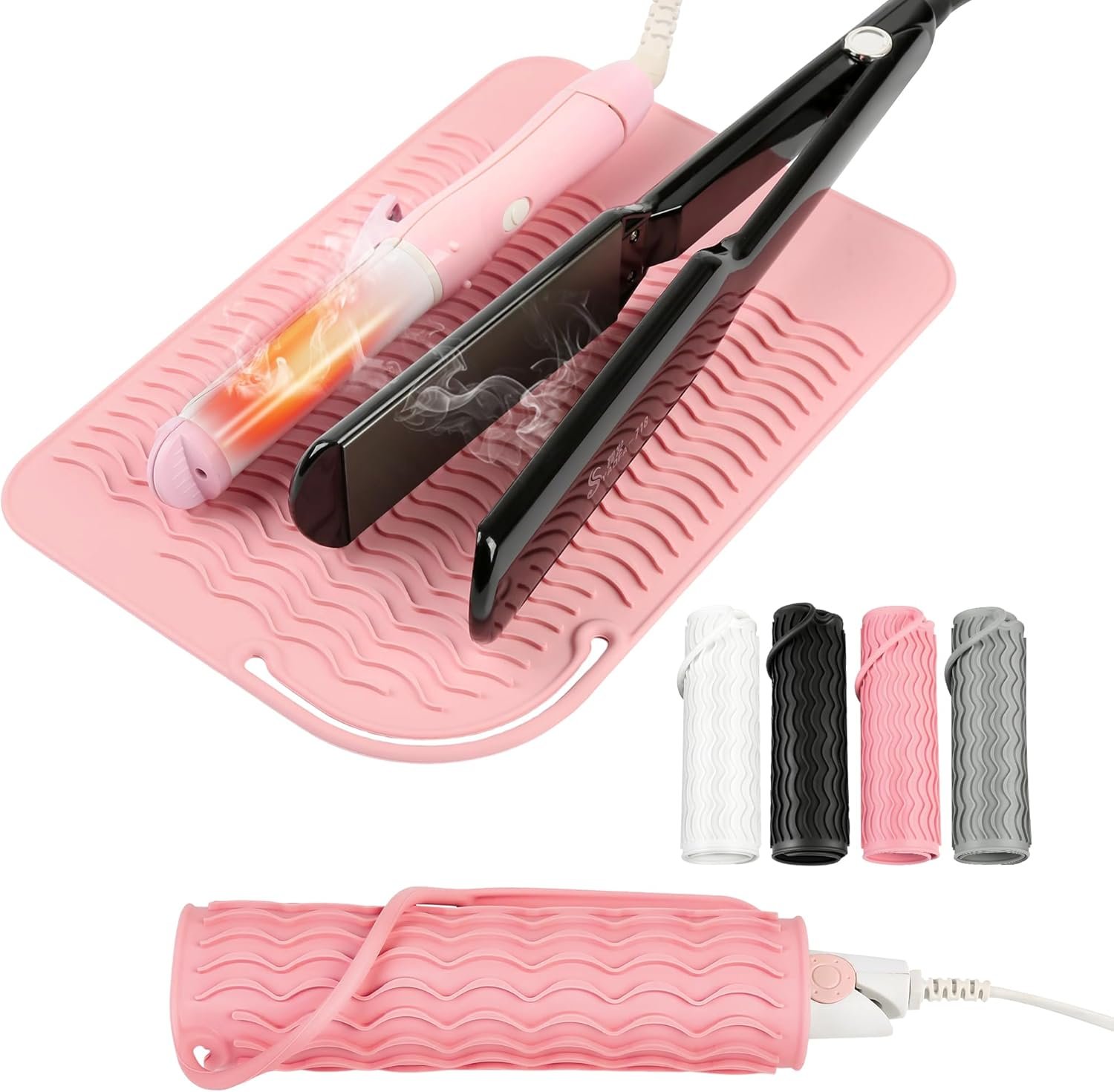 Silicone Heat Resistant Mat for Hair Tools, 11″ x 7.5″ Anti-Slip Countertop Protector Pad for Flat Iron, Curling Iron & Hair Straightener, Travel Friendly Hot Styling Tool Accessory, Pink