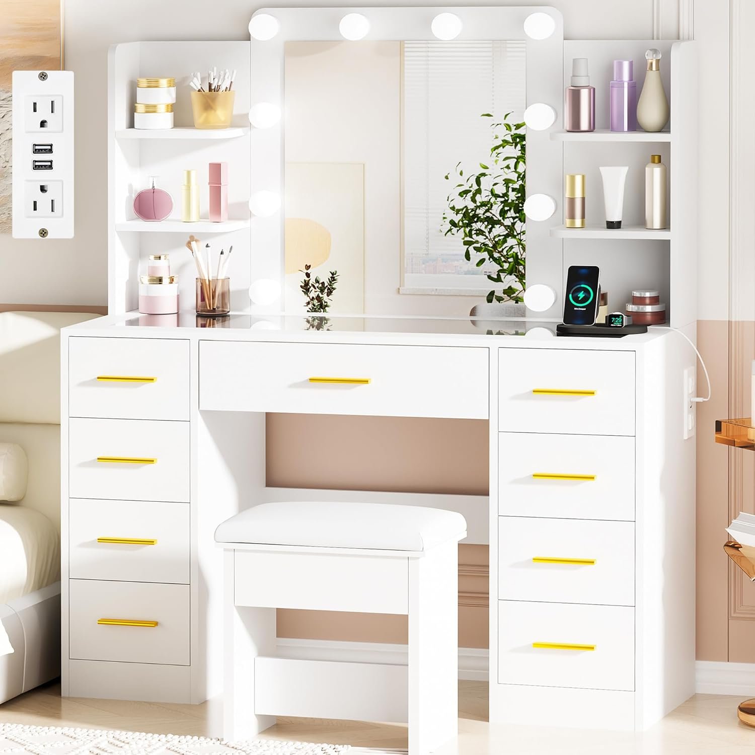 BEWISHOME Makeup Vanity Desk with Mirror and Lights White Vanity Table with Glass Top Power Outlet Stool,Makeup Desk with 9 Drawers and 4 Storage Shelves,Dressing Table for Bedroom Women FST39W