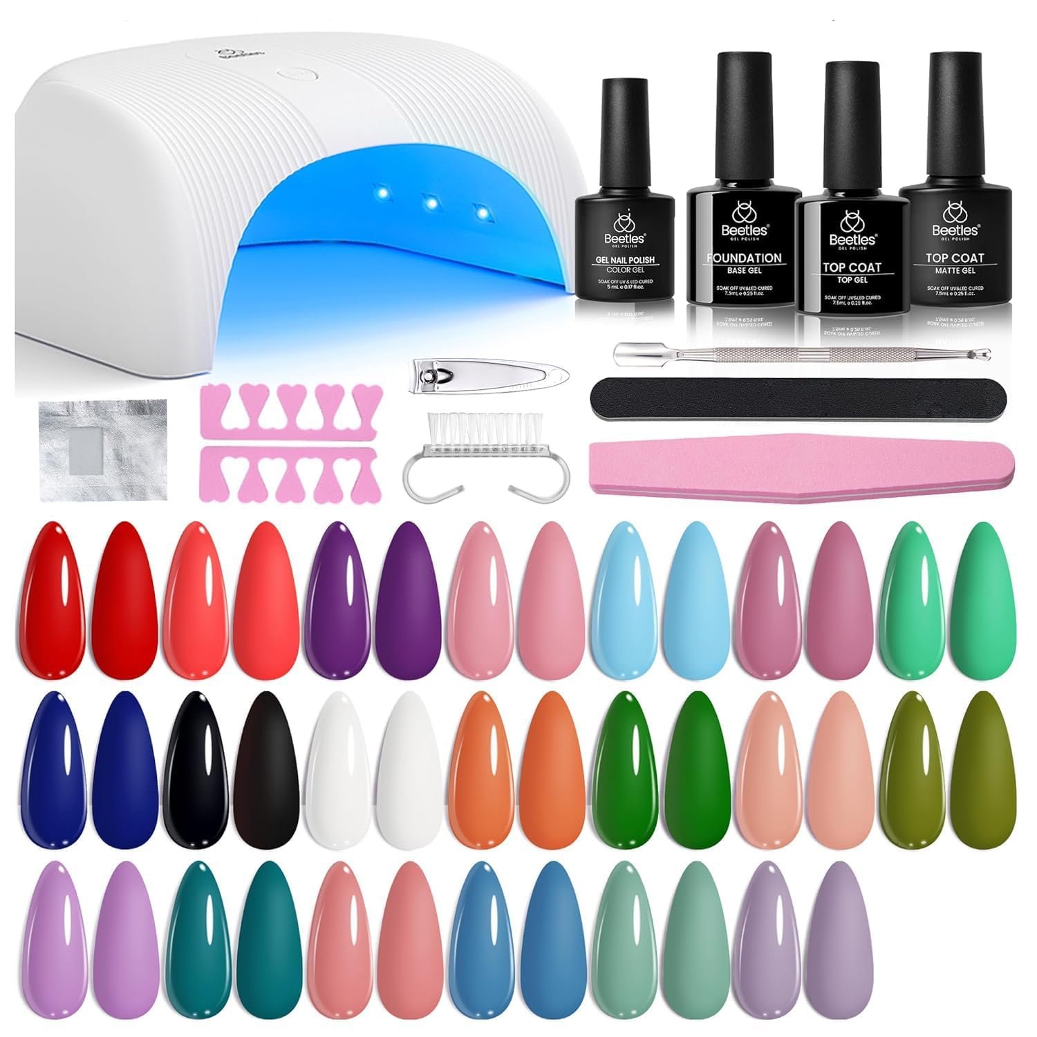 Beetles Gel Nail Polish Kit with UV Light – 31Pcs Nail Polish Set Popular Color Gel with Base and Matte&Glossy Top Coat Soak Off All Season DIY Manicure Kit Art Gifts for Women