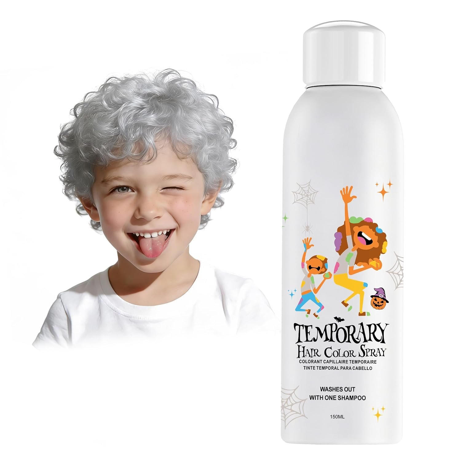 White Temporary Hair Color Spray for Men Women, Silver Instant Colored Hair Dye Alternative for Teens, Quick Styling for Party Christmas Halloween, Disposable Washable, 150ml