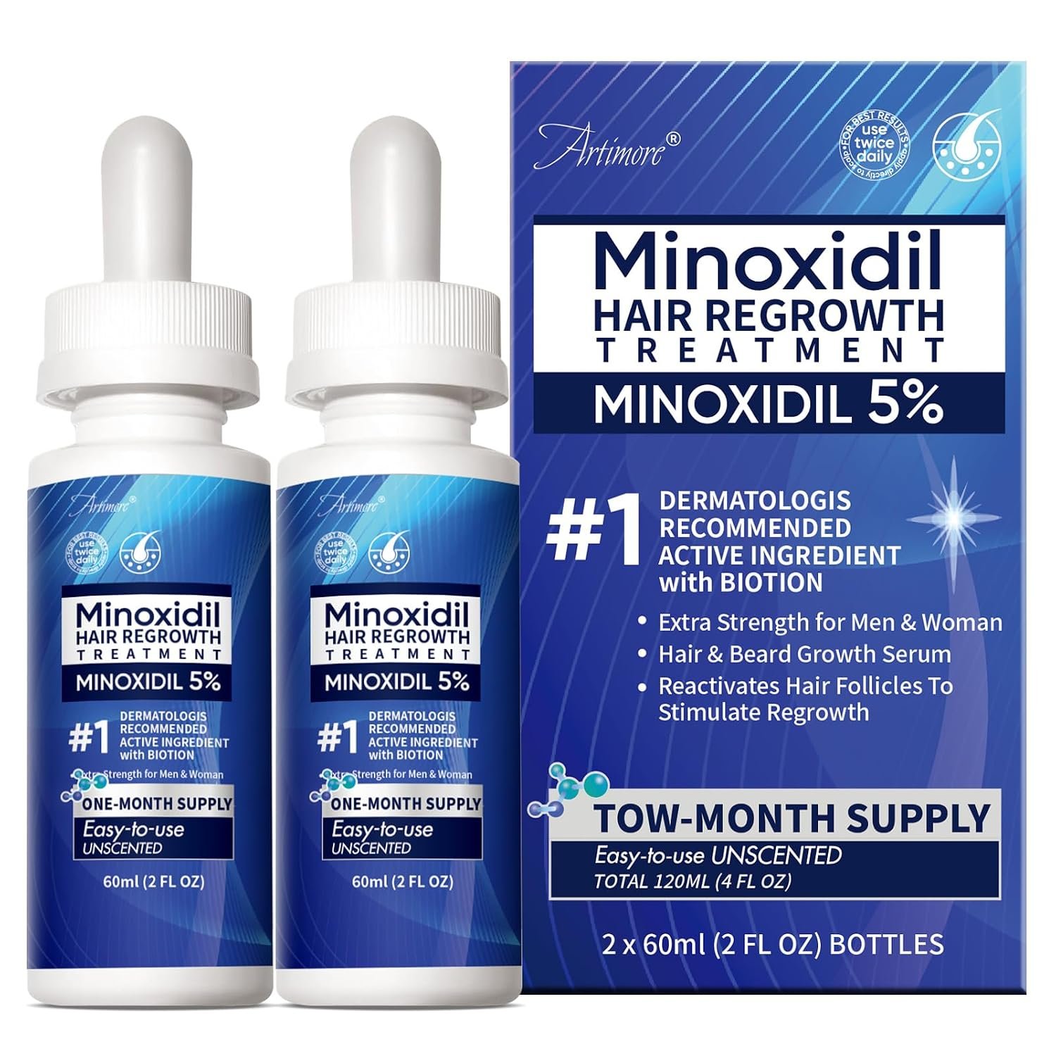 5% Minoxidil Hair Growth Serum for Men & Women with Biotin: Minoxidil for Men and Women, 5 Percent, Hair Regrowth Treatment, Extra Strength (4 FL OZ, Dropper 2pcs)