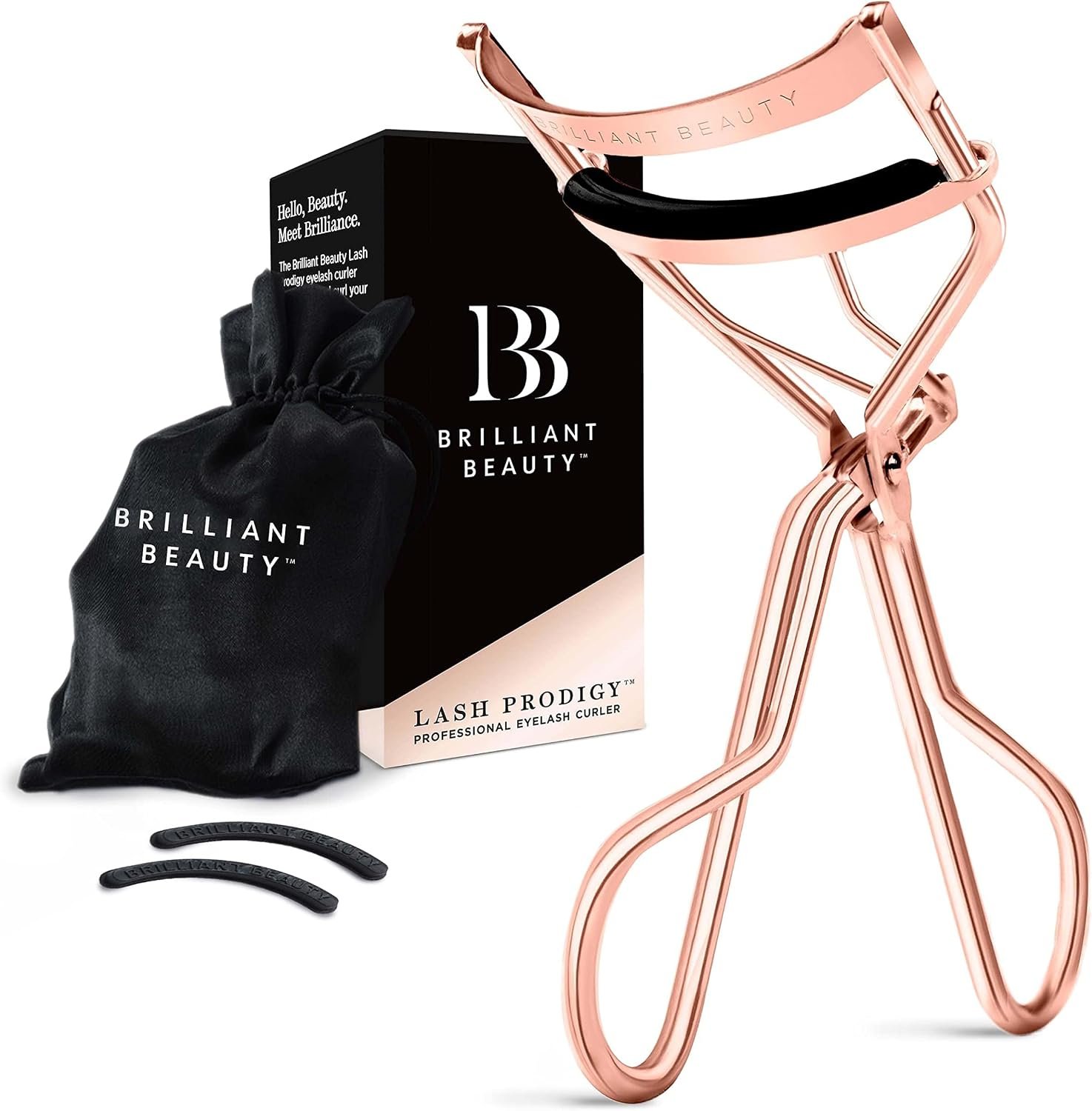 Brilliant Beauty Eyelash Curler with Satin Bag & Refill Pads – Award Winning – No Pinching, Just Dramatically Curled Eyelashes for a Lash Lift in Seconds (Rose Gold) | Dramatically Curled Lashes, Lash Lift in Seconds, No Pinching