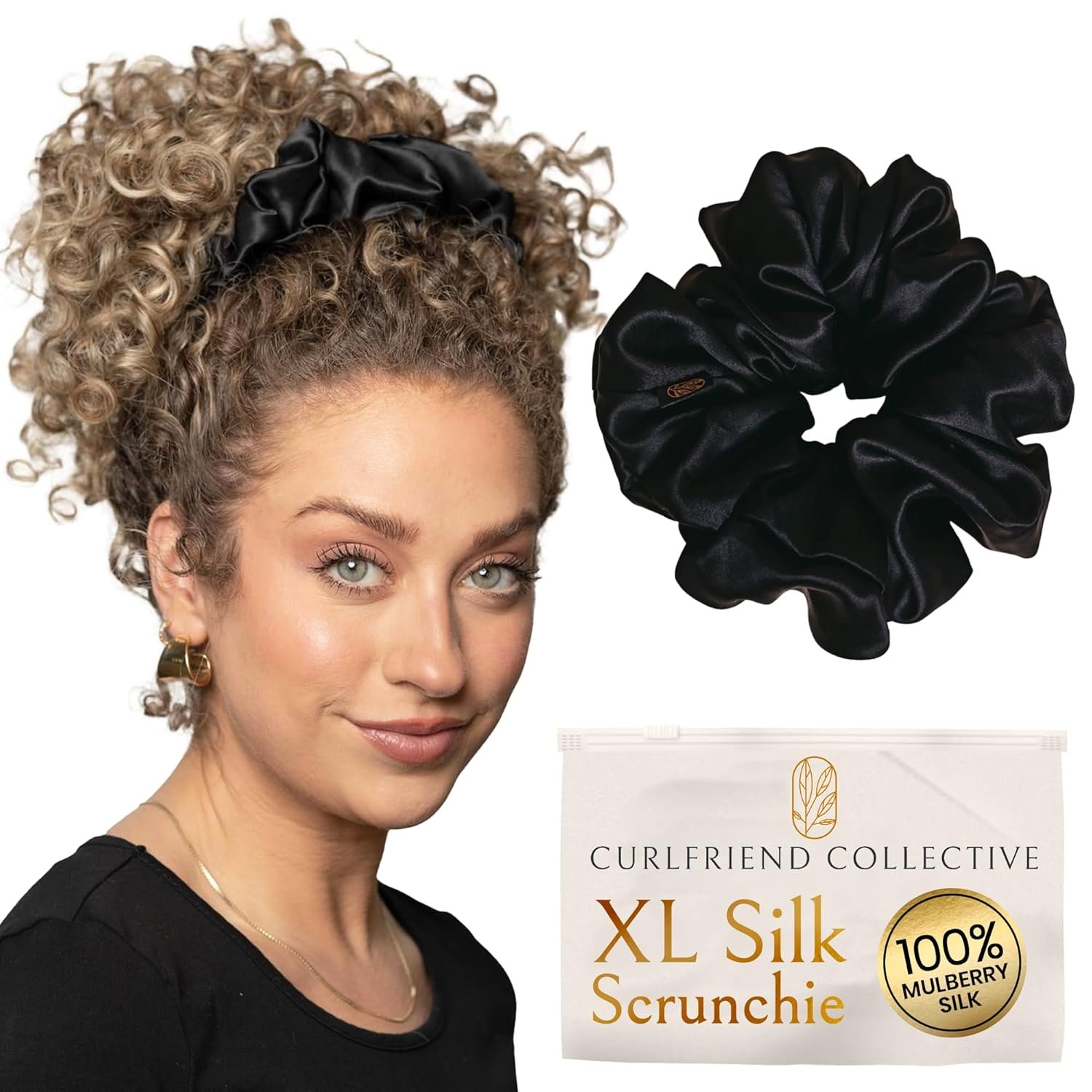 Silk Scrunchies for Women Ponytail Holders – Oversized Mulberry Silk Scrunchies – Extra Large No Damage Hair Ties for Curly, Thick, and Thin – Hair Accessories for Women – Black, XL By Curlfriend