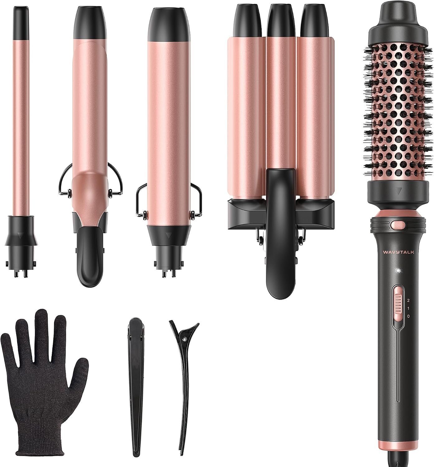 Wavytalk 5 in 1 Curling Wand Set, Dual Voltage Curling Iron Set with 5 Interchangeable Barrels Included A Thermal Brush, A Hair Crimper and 3 Ceramic Curling Wands(0.5″-1.25″), Rose Pink