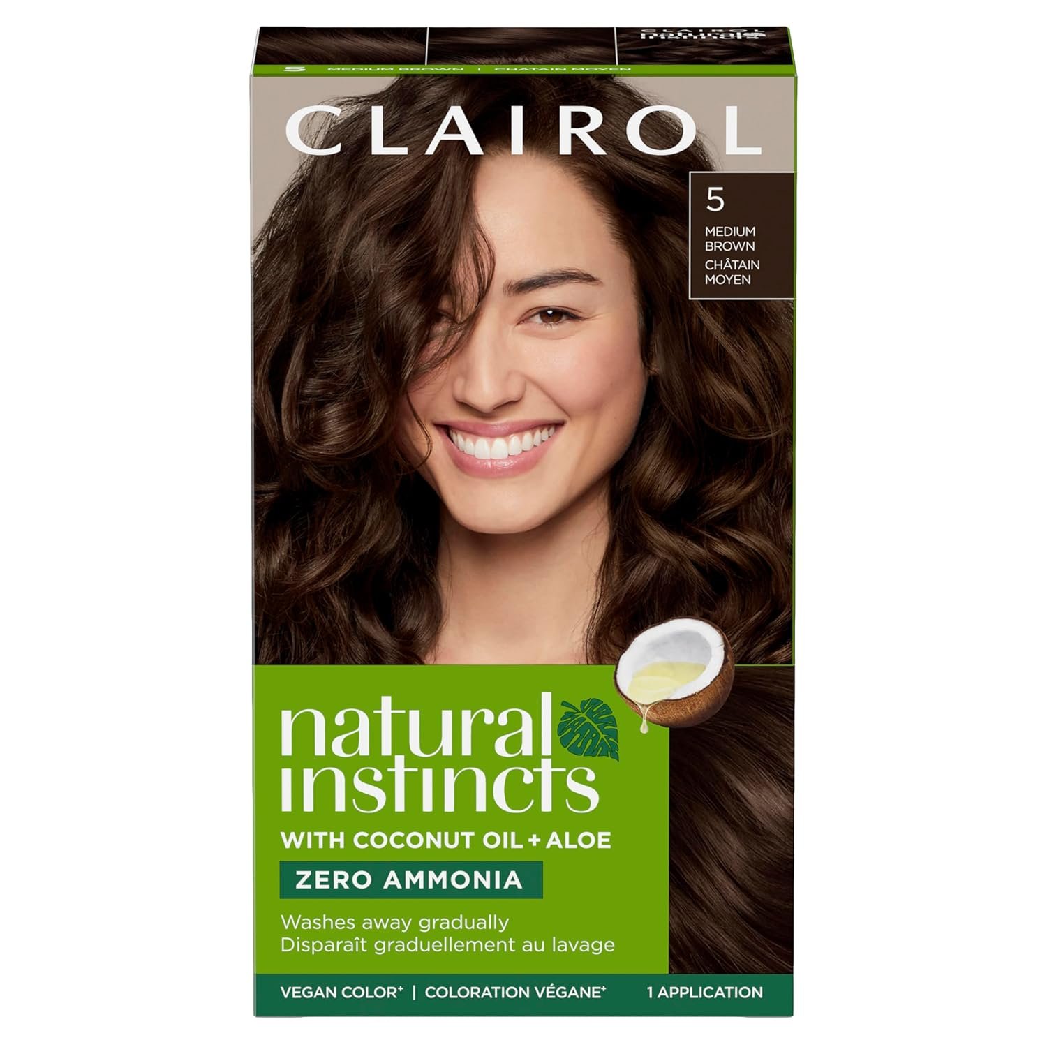 Clairol Natural Instincts Demi-Permanent Hair Dye, 5 Medium Brown | Ammonia‑Free, Vegan Hair Color with Coconut Oil & Aloe Vera | Pack of 1