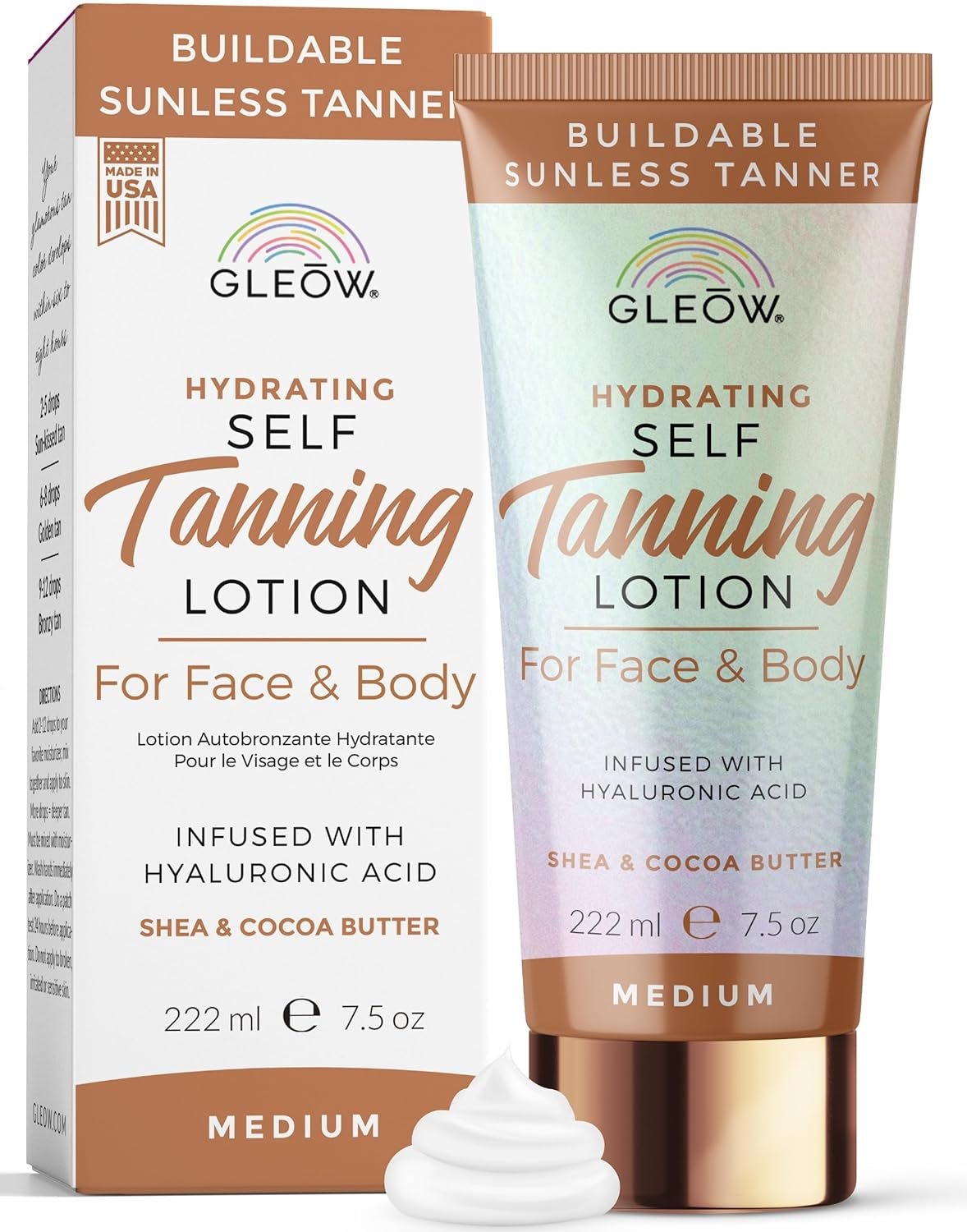 GLEOW Self Tanner Medium, Self Tanning Lotion for Face & Body, Non Toxic Sunless Tanner, Gradual Tanning Lotion, Face Tanner with Hyaluronic Acid 7.5 oz