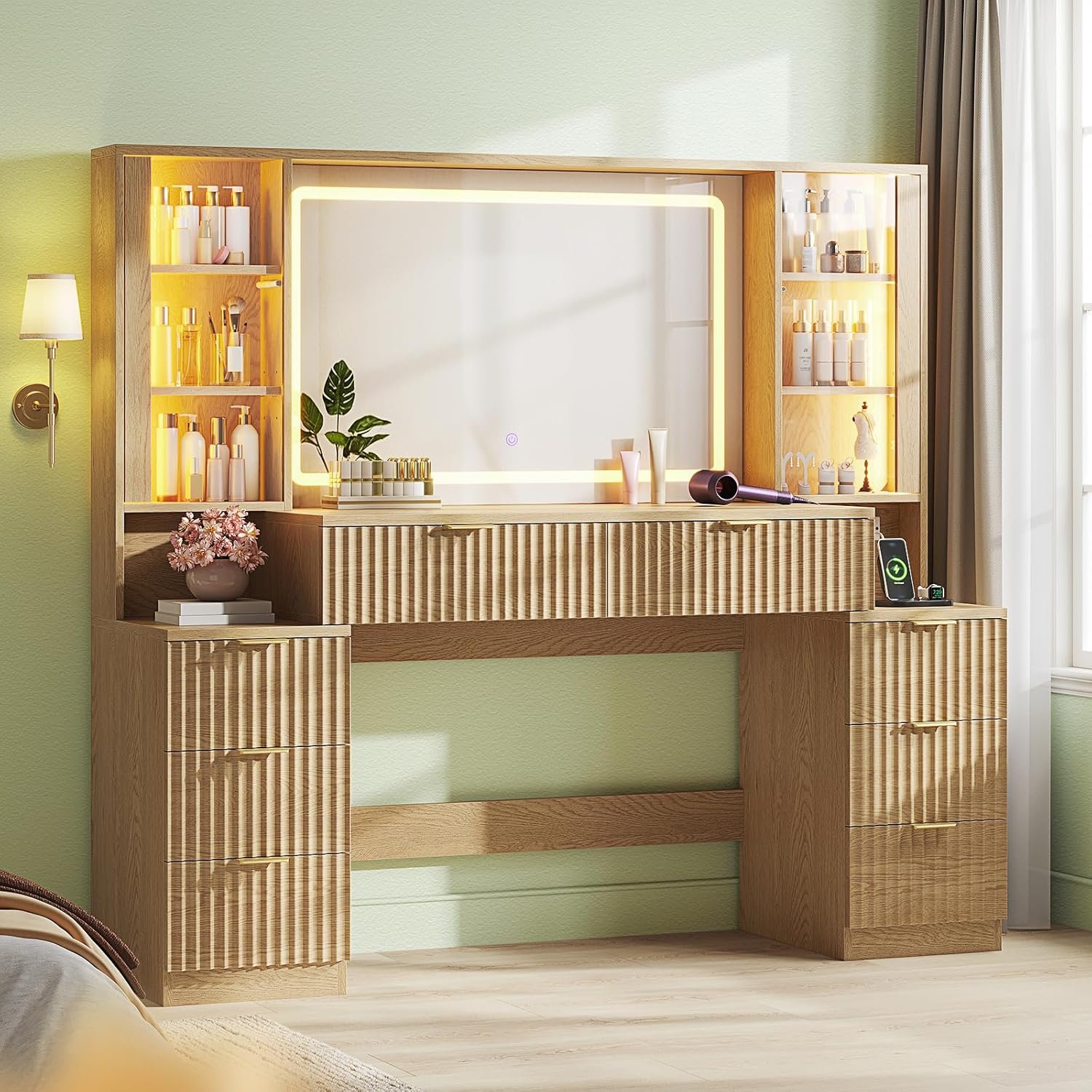 HAUOMS Big Vanity, Fluted Wood Makeup Vanity Desk with Mirror and Sound Sync LED Lights, Large Vanity Dressing Table, 8 Drawers, Charging Station for Girls, Women (Oak, 59.1″ Width)