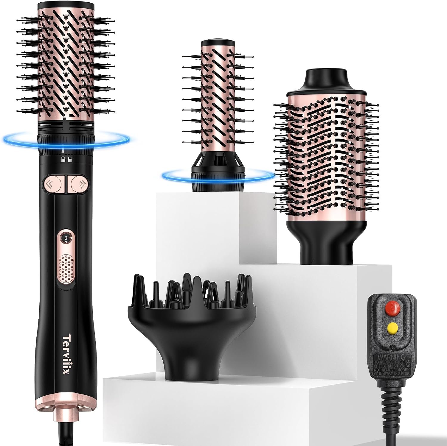 Terviiix 4-in-1 Hot Air Brush, 1000W Styler with 2 Rotating Round Brushes | Volumizing Blowout Styler to Finish Towel-Dried Hair, Oval Volumizer and Diffuser, Tourmaline Ceramic for Smooth Volume