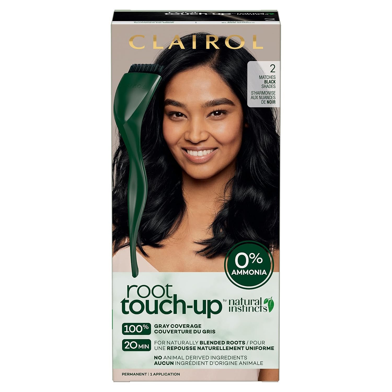 Clairol Root Touch-Up by Natural Instincts Permanent Hair Dye, 2 Black Hair Color | Naturally Blended Roots with 100% Gray Coverage | Vegan & Ammonia Free Formula | Pack of 1