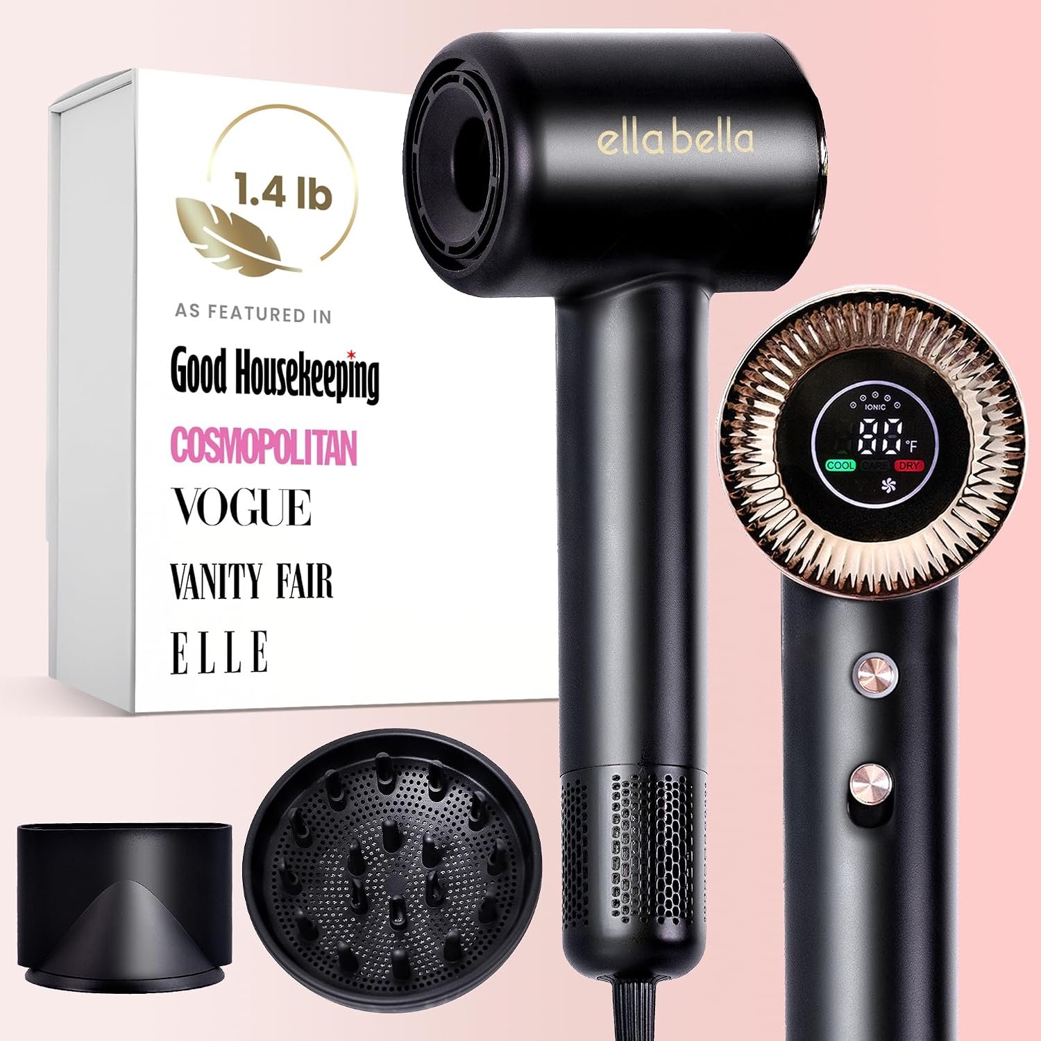 ELLA BELLA® Compact Plasma Hair Dryer, Advanced Plasma Technology Blow Dryer with Digital Display, Rapid Drying, Low Noise, & Luxury Velvet Travel Bag – Includes Diffuser & Nozzle- for All Hair Types