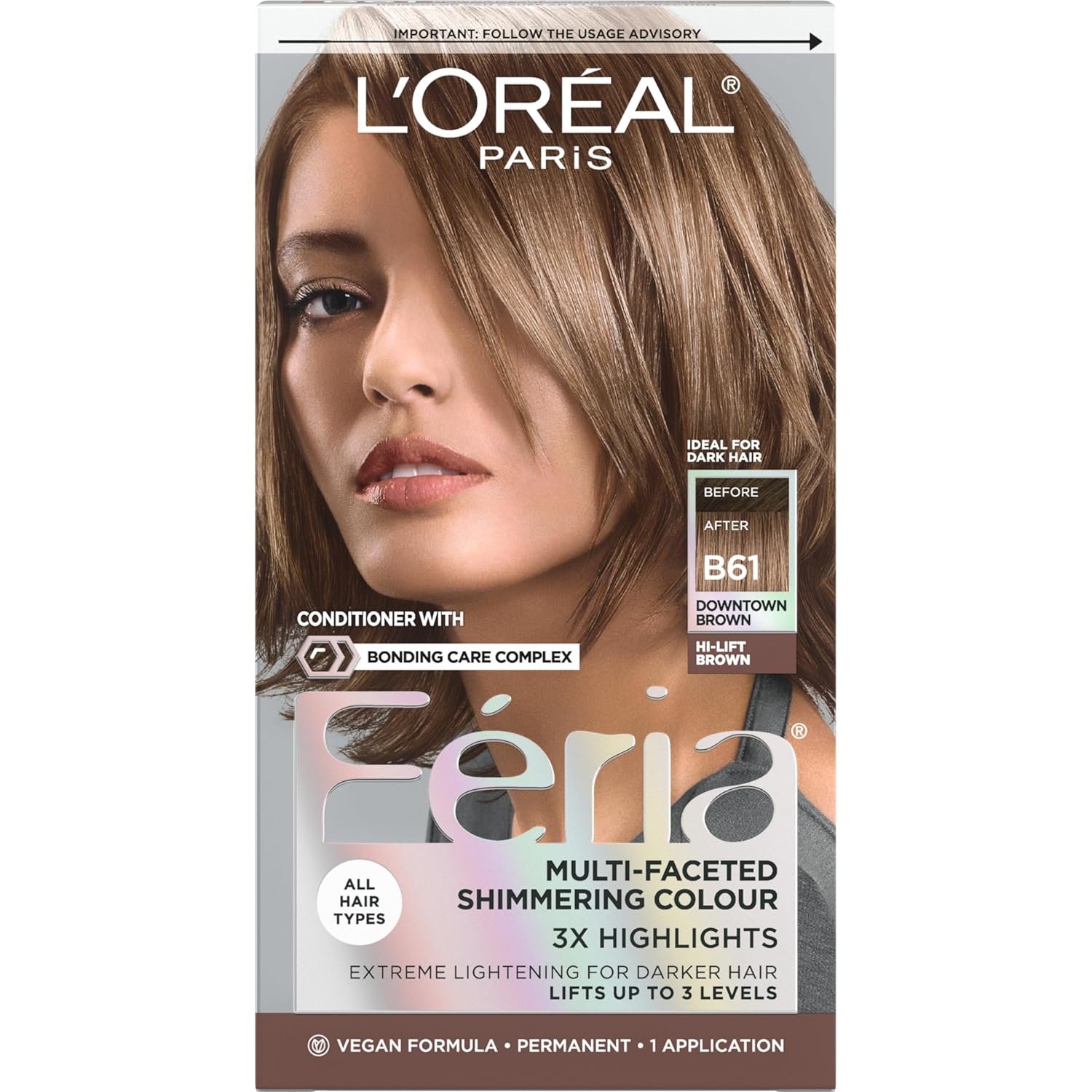 L’Oreal Paris Feria Multi-Faceted Shimmering Permanent Hair Color, B61 Downtown Brown (Hi-Lift Cool Brown), Pack of 1 Hair Dye Kit