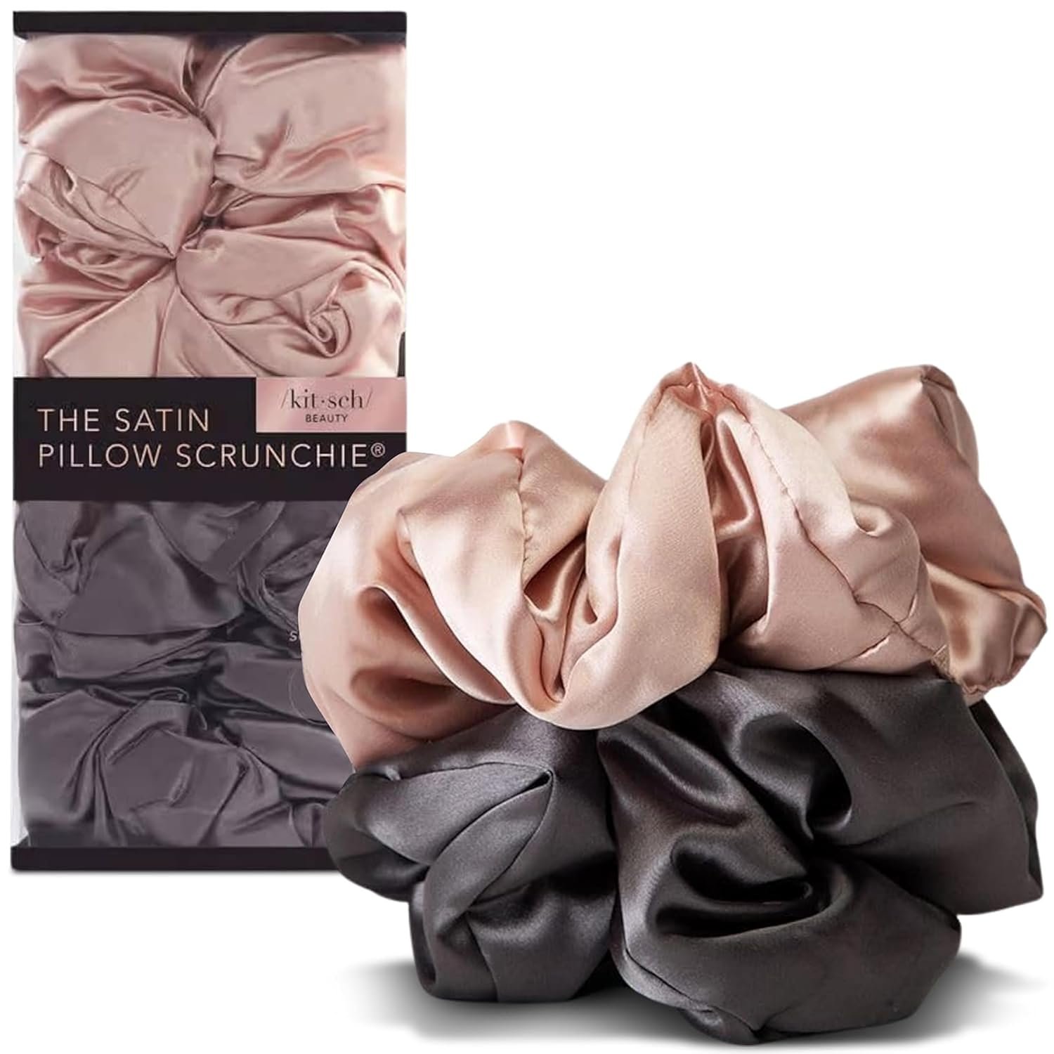 Kitsch Satin Hair Scrunchies for Women, Softer Than Silk Scrunchies for Hair – No Damage Satin Hair Ties, Ponytail Holders | Ideal Gifts for Women, 2pc (Blush/Charcoal)