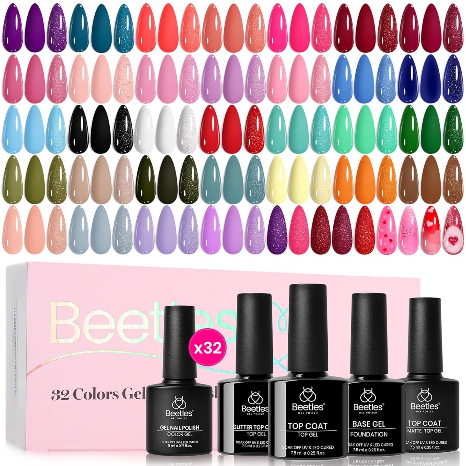 beetles Summer Gel Polish Set – Fingertip Palette, 32 Colors Polish Set with Base Top Coat Pink Red Blue Purple Brown Yellow Green Black White Uv LED Lamp Nails Gifts for Women