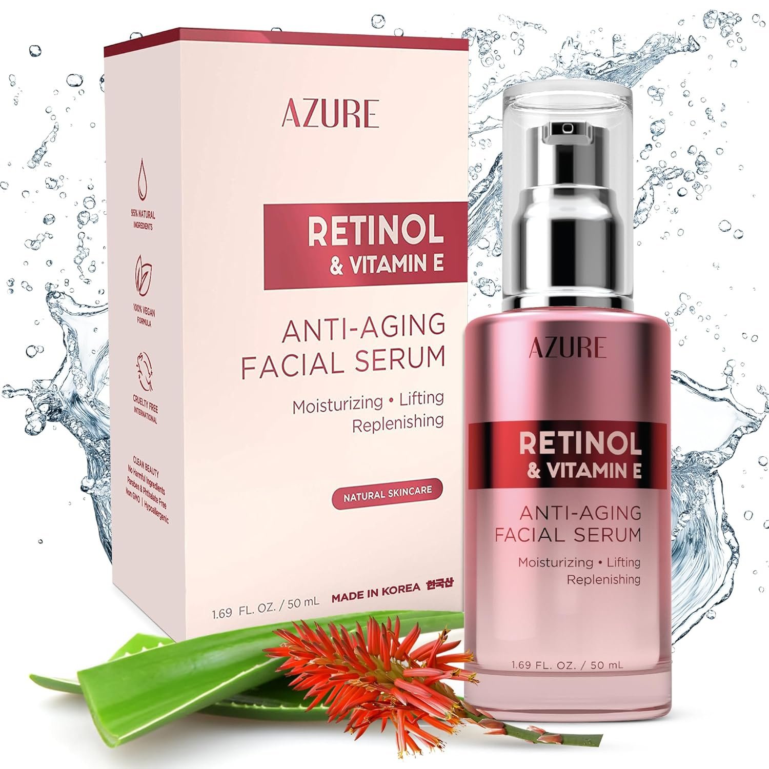 Azure Cosmetics Retinol Serum For Face – Dermatologist Tested, Anti Aging for Dark Spots & Skin Smoothing – Vitamin E for Replenishing & Skin Renewal – Vegan, Clean Beauty, Korean Skin Care – 1.69 oz