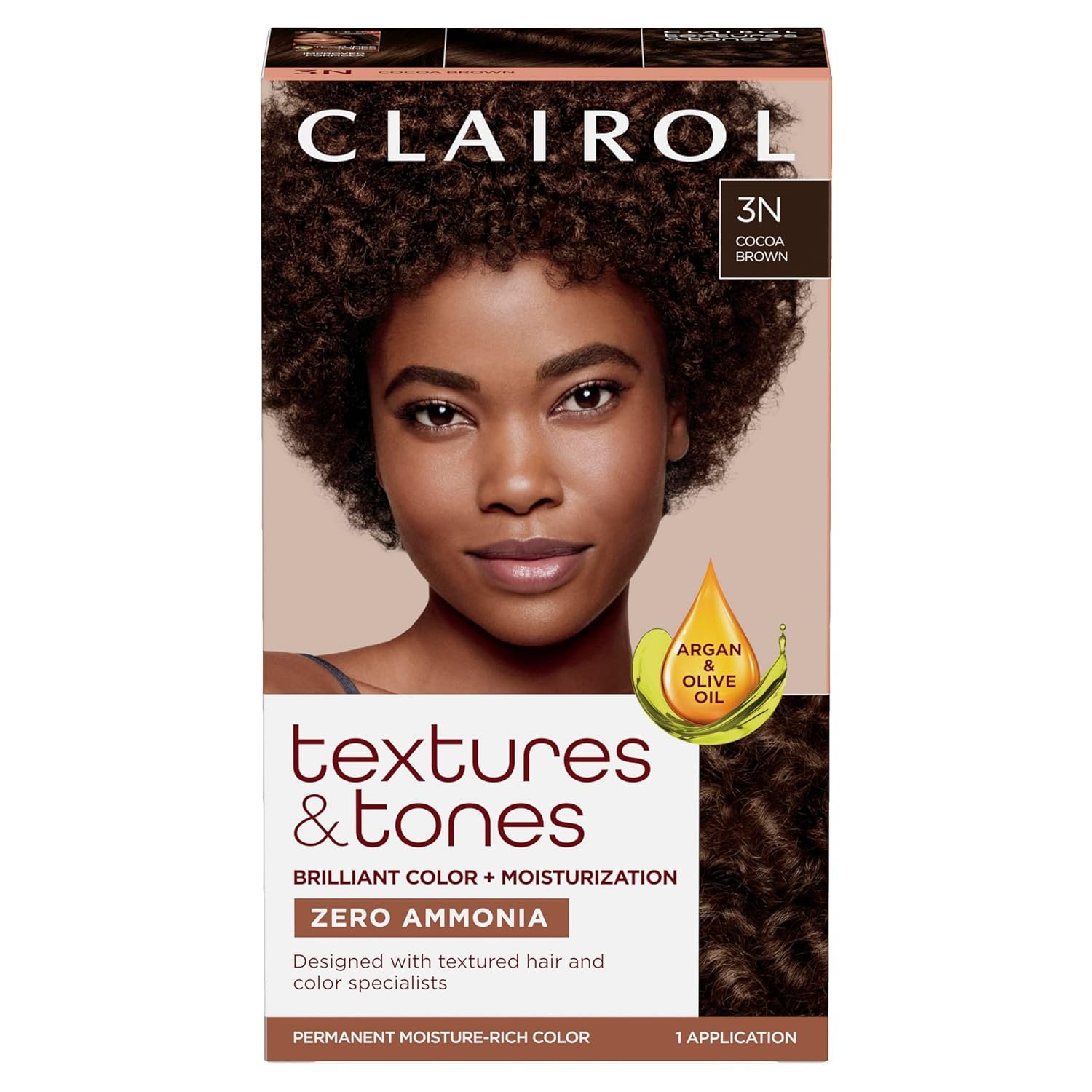 Clairol Textures & Tones Permanent Hair Dye, 3N Cocoa Brown Hair Color | Ammonia-Free | Moisture-Rich Formula with Argan, and Olive Oil for Brilliant Shine | Pack of 1