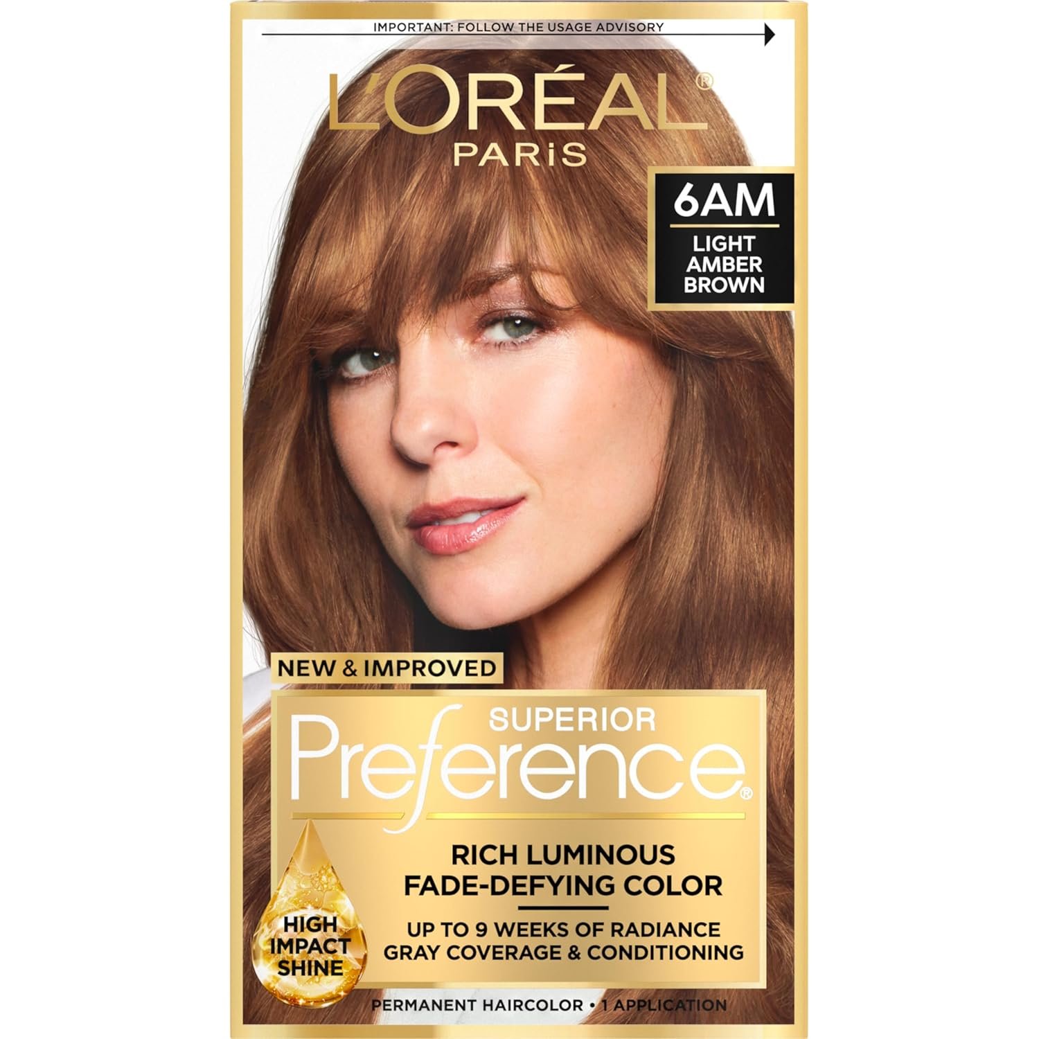 L’Oreal Paris Superior Preference Luminous Fade-Defying Permanent Hair Color, Hair Dye For Up to 9 Weeks of Radiance, Light Amber Brown 6AM, 1 Hair Dye Kit