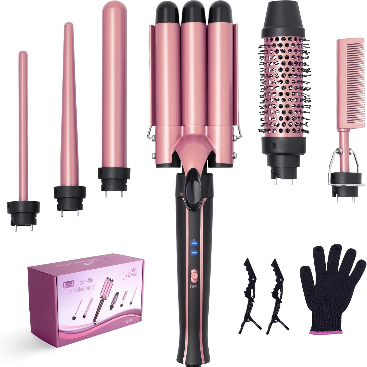 Asani Curling Iron Wand Set 6-in-1 – Beachwaver Hair Curler with 3 Barrel Hair Crimper, Tapered, Spiral Curling Iron – Fast Heating Travel Hot Styling Tools for Women with Dual Voltage (110-240V AC)