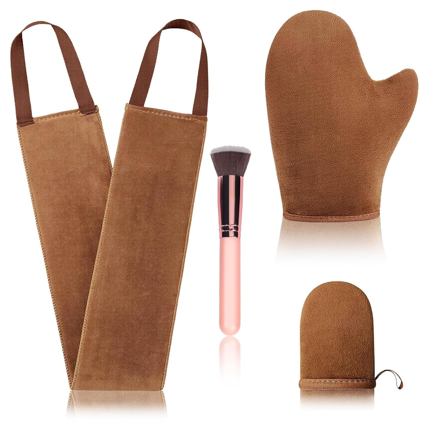 4 Pcs Self Tanner Mitt Applicator Kit – Self Tanning Mitt Glove,Self Tanner Back Applicator,Mini Face Tanner Mitt,Face Tanner Brush Soft Streak-Free Reusable & Washable for Women Girl Men (Brown)