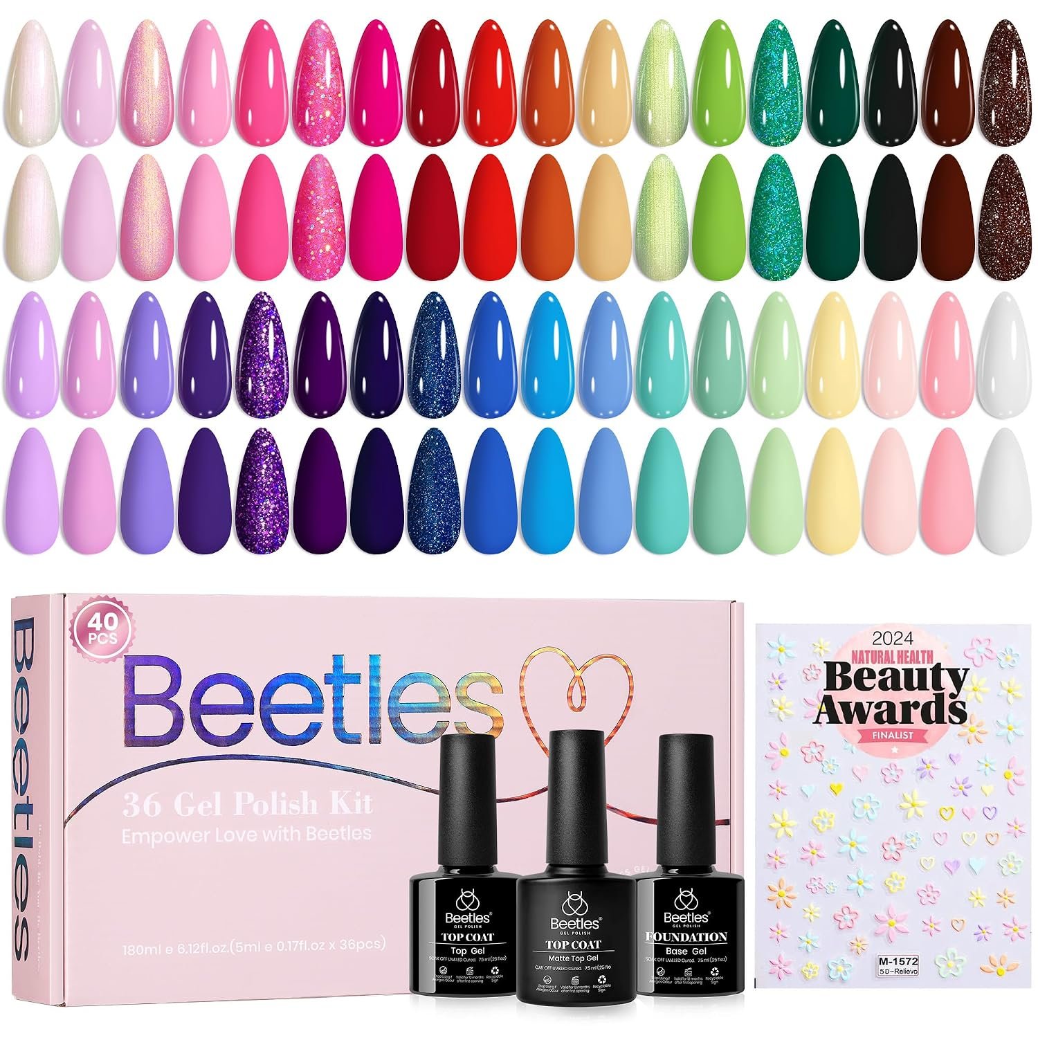 Beetles Gel Nail Polish Set, 40 PCS 36 Colors Verse of Flower Summer Gel Polish Kit, 0.17 Fl Oz, Pastel Pink Purple Blue Red, Base Glossy Matte Top Coat, Flower Stickers, Soak Off UV LED