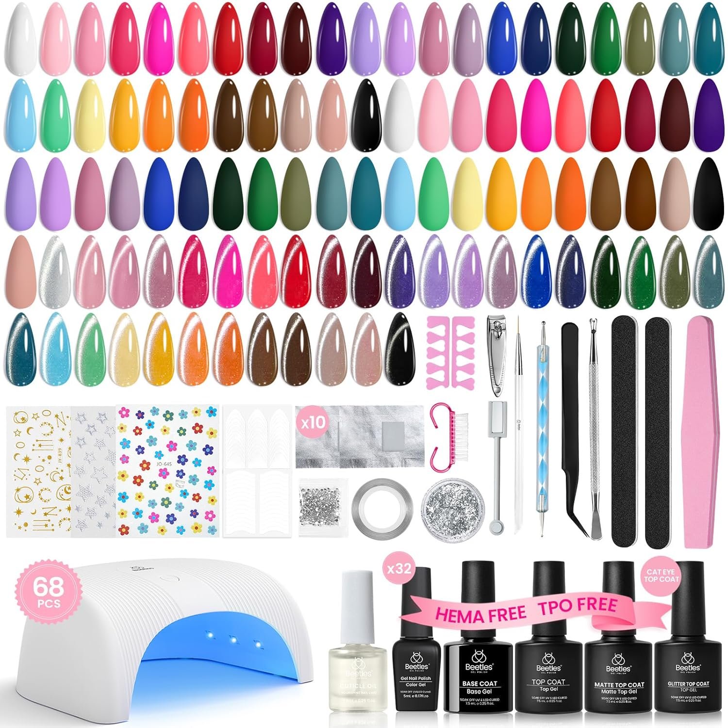 Beetles Deal Box Gel Nail Polish Kit with U V Light – 32 Colors Studio Essentials Gel Polish 68 Pcs Nail Kit with TPO & HEMA Free Base Coat Cat Eye Top Coat Home Salon DIY Nails Tools Gifts for Women
