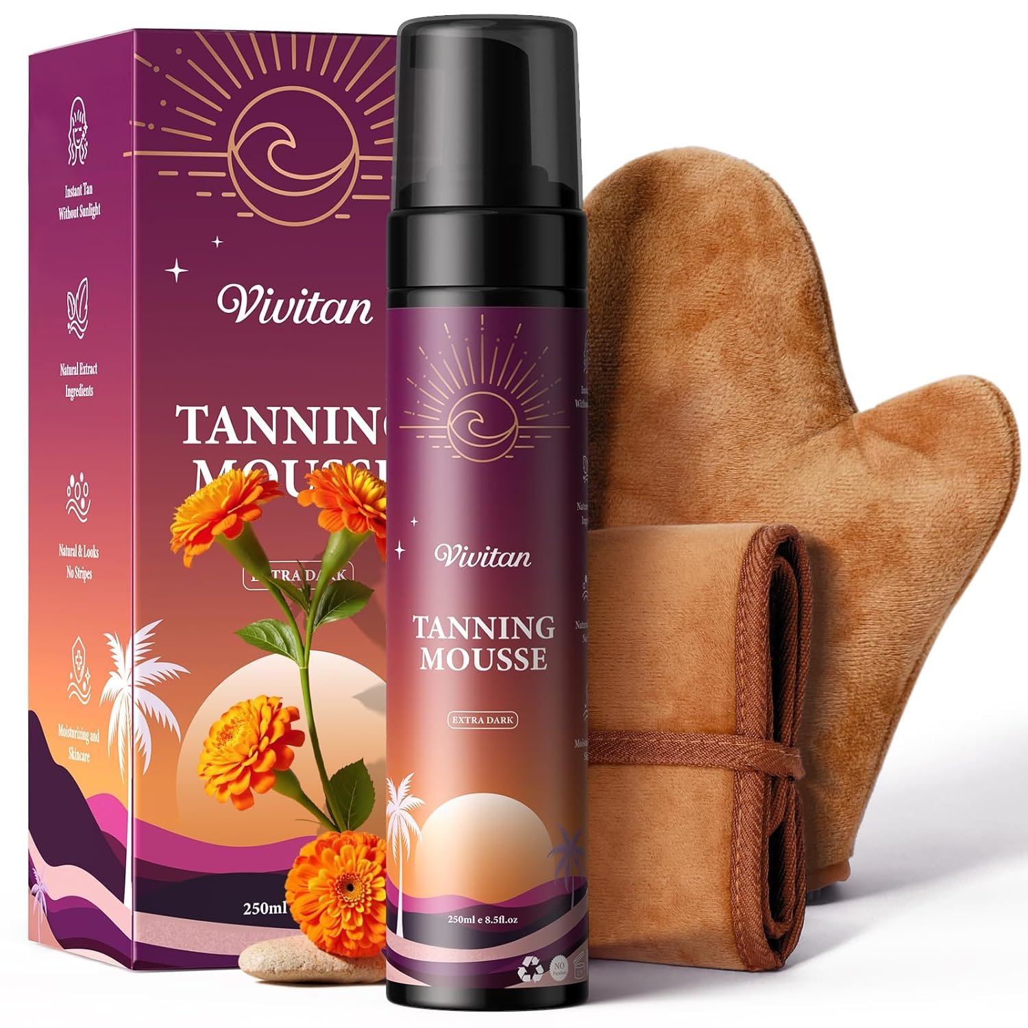 Self Tanner Mousse Kit – 1-Hour Express Dark Bronze + 250mL XL w/Mitt & Strap | Plant 30% DHA for Long-Lasting Tan | No Orange Tones, Streak-Free & Odorless | Natural Sunless Glow （Dark）