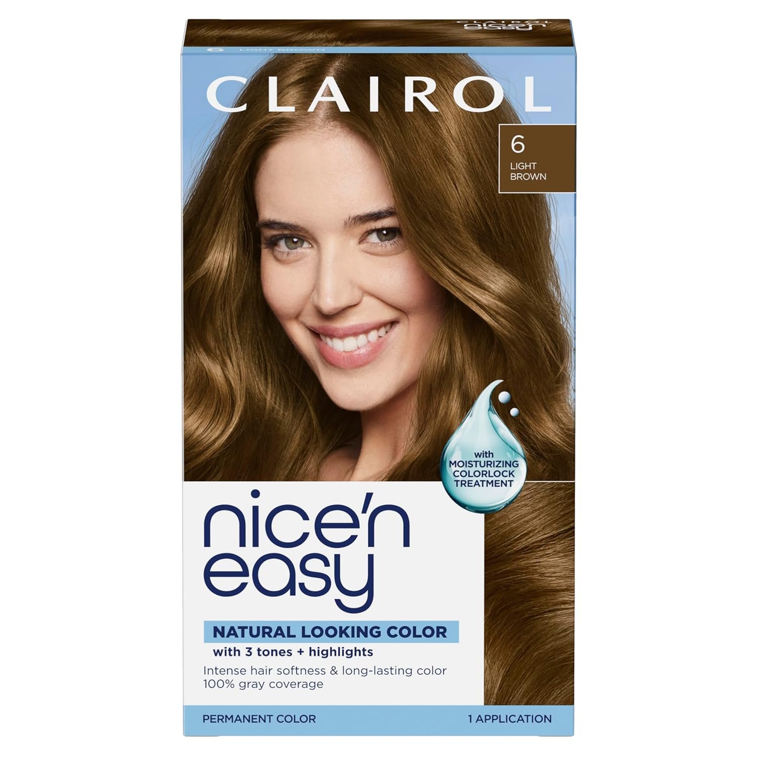 Clairol Nice’n Easy Permanent Hair Dye, 6 Light Brown | 100% Gray Coverage | Long‑Lasting, Natural‑Looking Color & Shine | Pack of 1