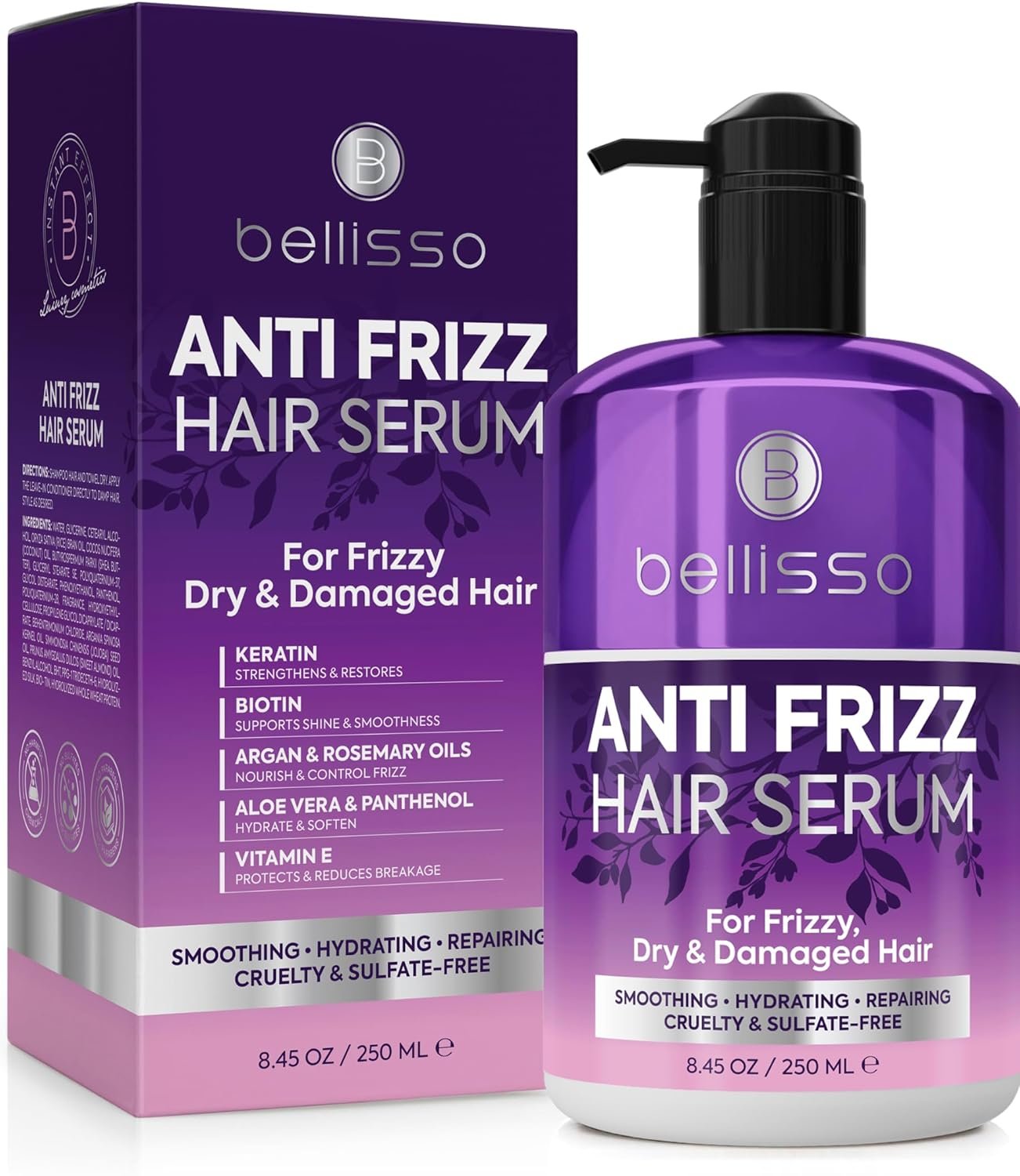 BELLISSO Anti Frizz Hair Serum for Frizzy and Damaged Hair – Humidity Treatment Control – Styling and Smoothing Products for Women and Men – 8.45 Fl Oz