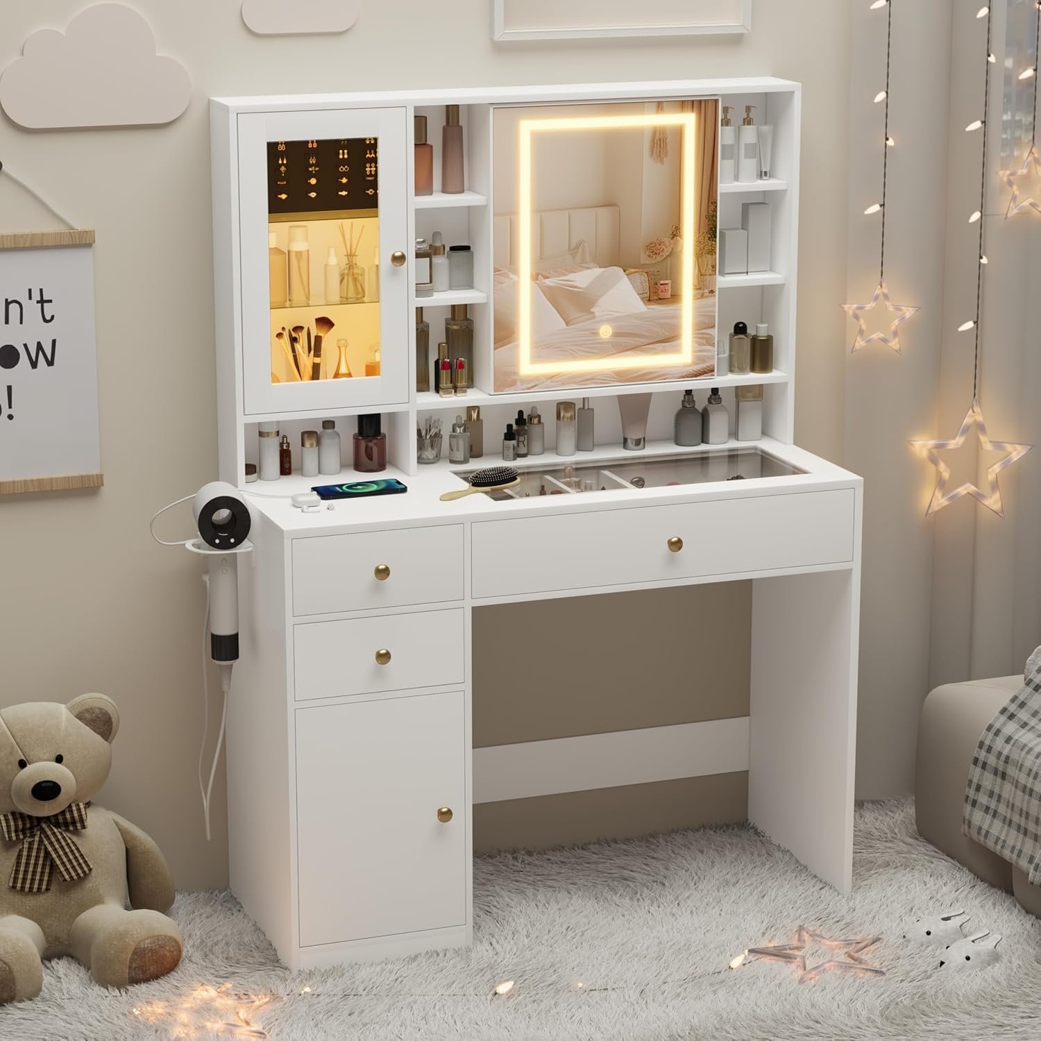 Wodeer Makeup Vanity Desk with Mirror and Lights, White Vanity with Glass Top, Jewelry Storage, Power Outlets, 3 Drawers & 2 Cabinets, Adjustable LED Lighting, Dressing Table for Women & Girls Bedroom