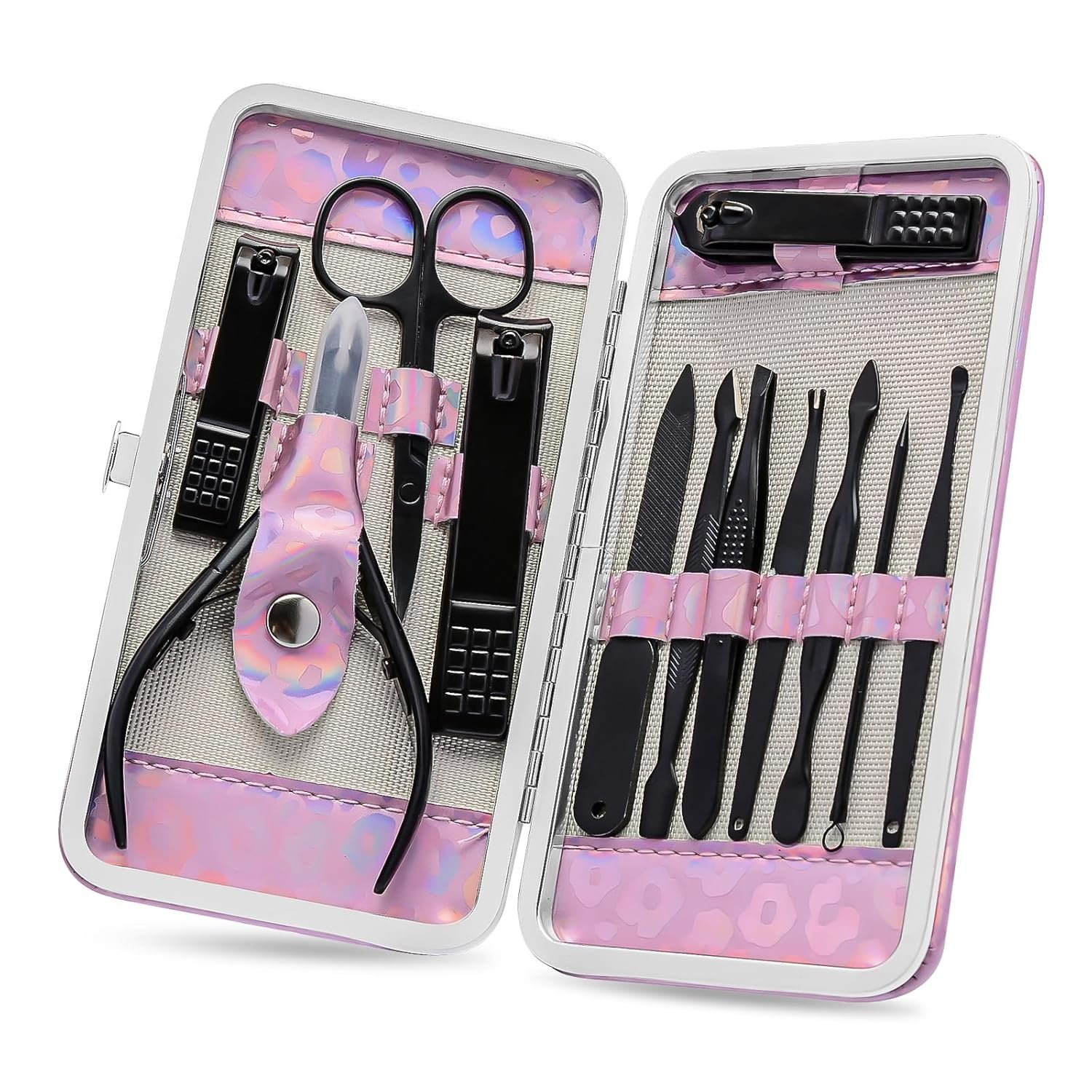 ANRUI Manicure Kit Nail Clippers Set Pedicure Kit, 12 Pieces Professional Grooming Kit, Stainless Steel Nail Care Kit for Women and Men with Luxurious Travel Case -Black