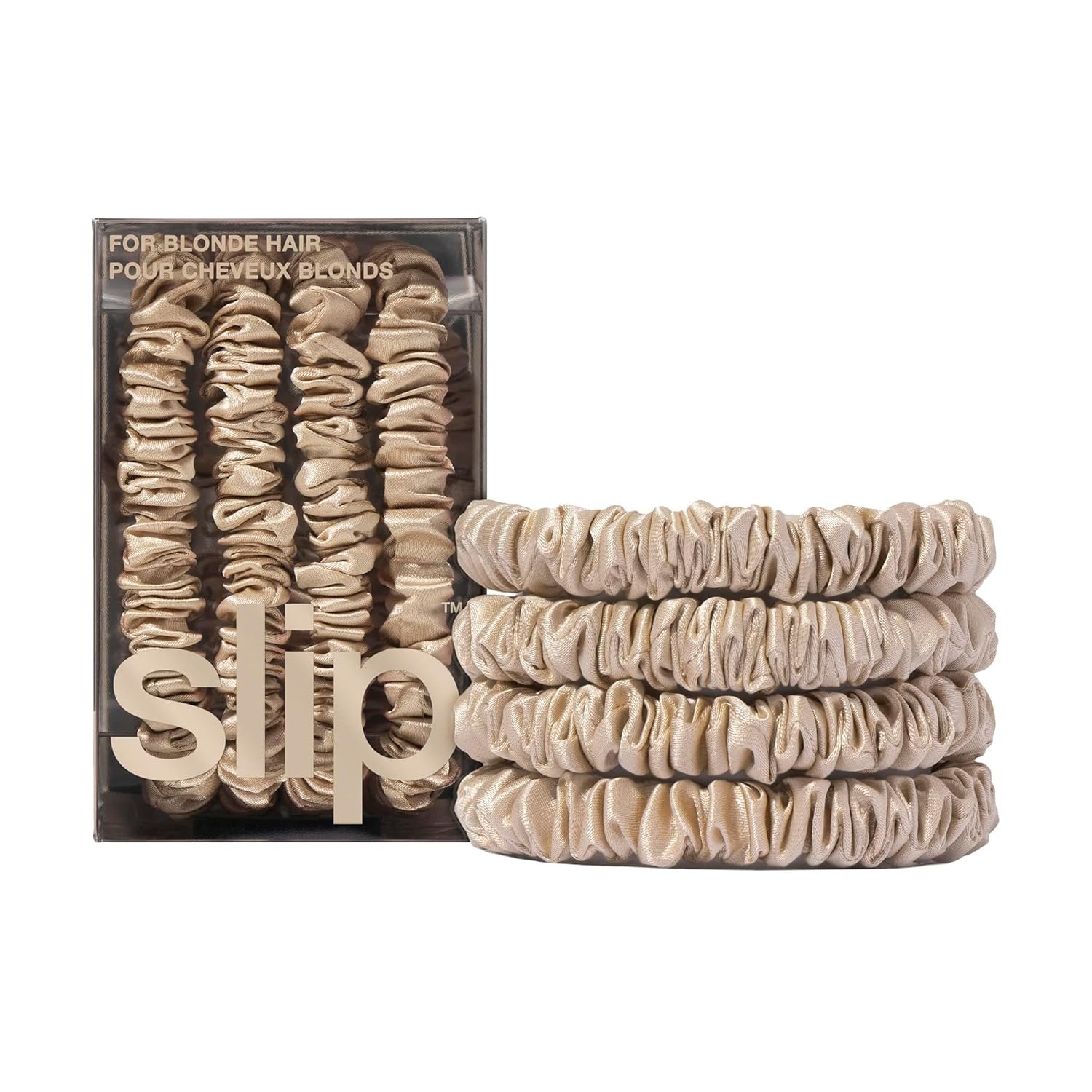 Slip Silk Hair Ties — Skinny Silk Blonde Scrunchies, No Damage, No Crease, Anti-Breakage |100% Mulberry Silk | All Hair Types | Made with Proprietary Slipsilk™ | Set of 4