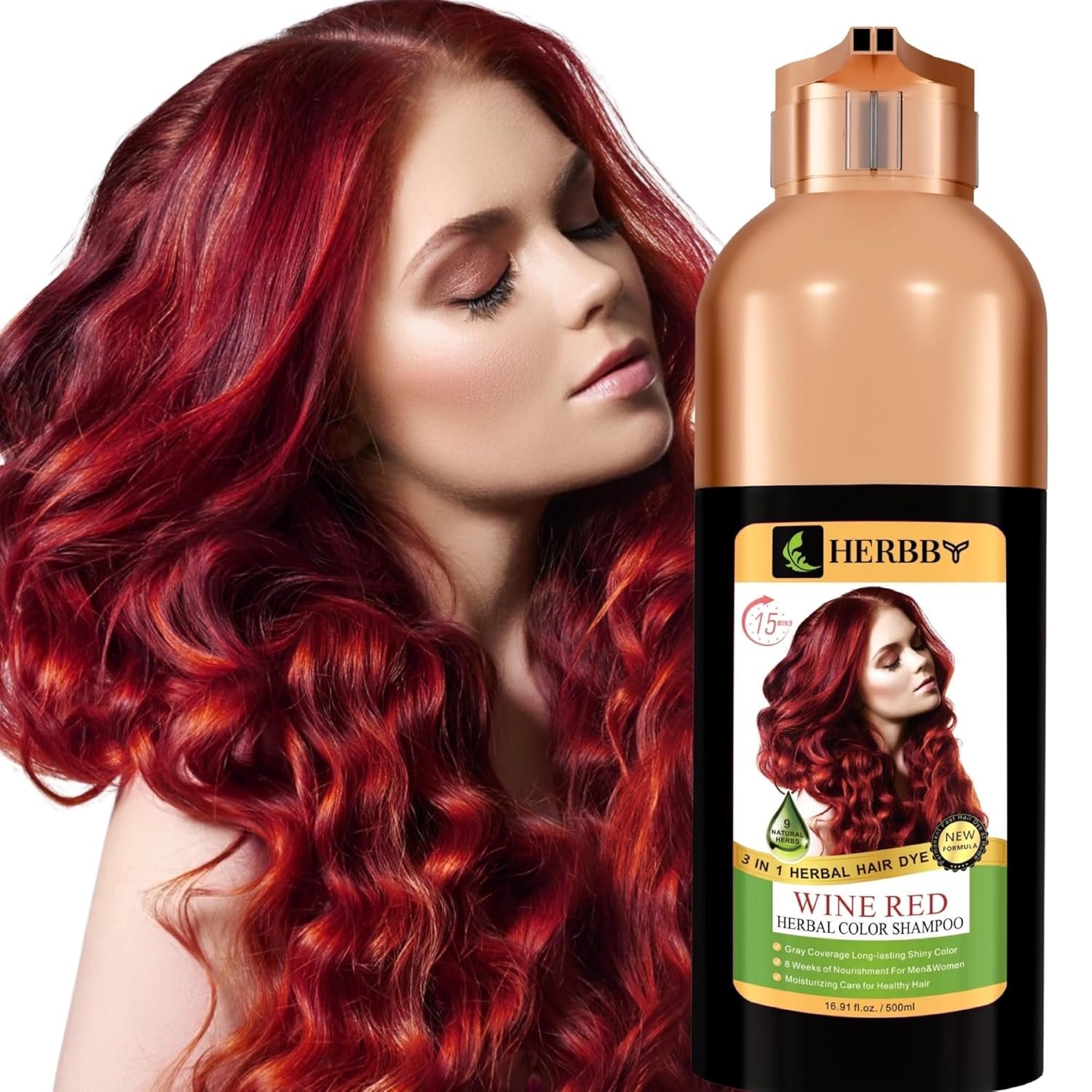 HERBBY Hair Color Shampoo for Gray Hair Coverage&Color Transform with 9 Herbal Extracts –Long Lasting(6-8 Weeks),Shiny,Evenly Colored,Instant Hair Dye Shampoo&Conditioner, 500 Ml (WINE RED COLOR)