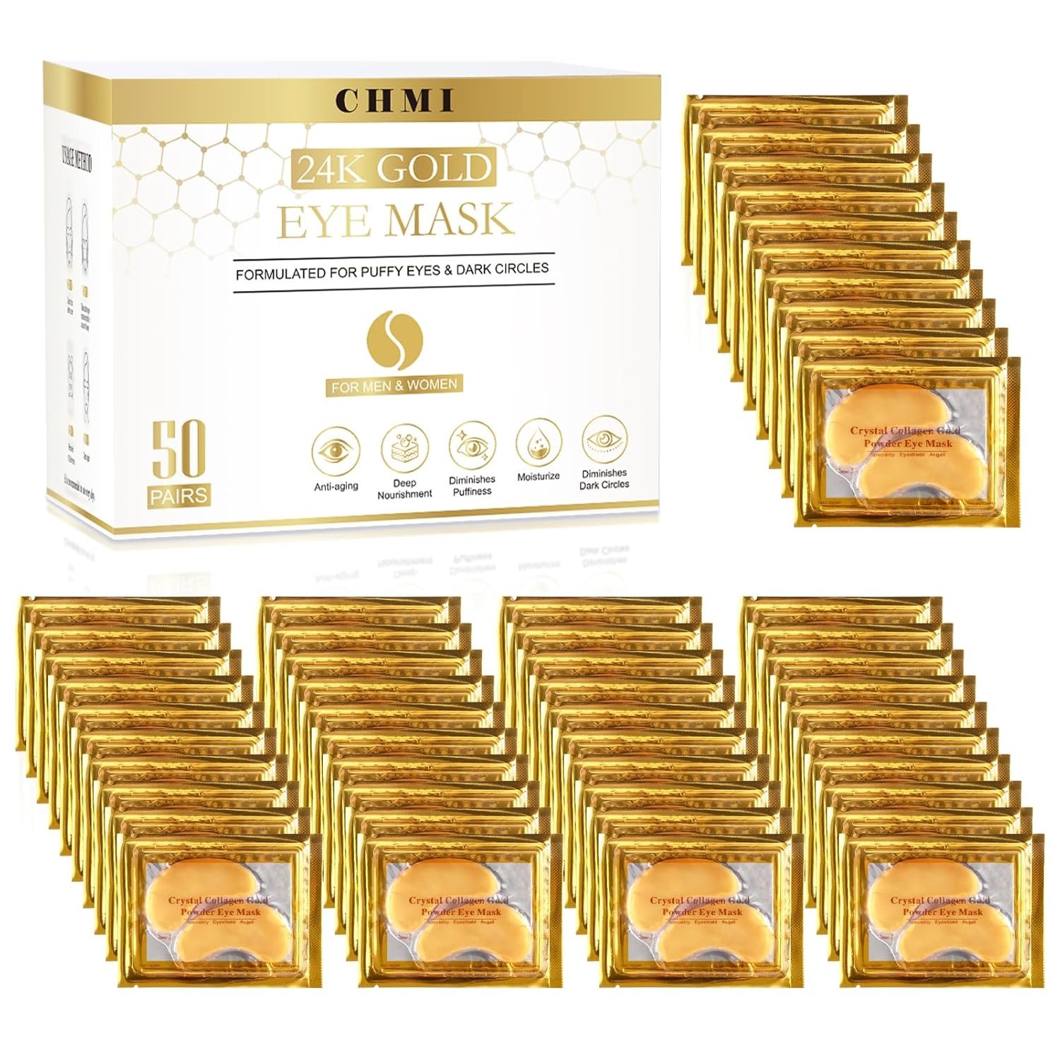 CHMI Under Eye Patches (50 Pairs) – 24K Gold Eye Patches for Puffy Eyes, Dark Circles, EyeBags and Wrinkles, Collagen Skin Care Products, Beauty & Personal Care