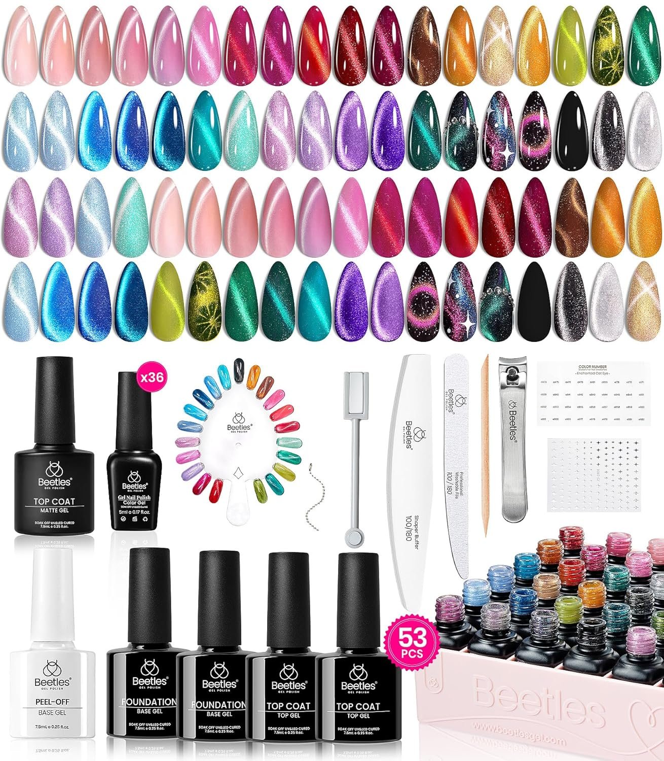 Beetles Cat Eye Gel Nail Polish Set – 36 Colors Gift Spree Red Purple Brown Green Burgundy Magnetic Gel Polish Kit Base Glossy Matte Top Coat Soak off UV DIY Salon Nail Art Gift for Women
