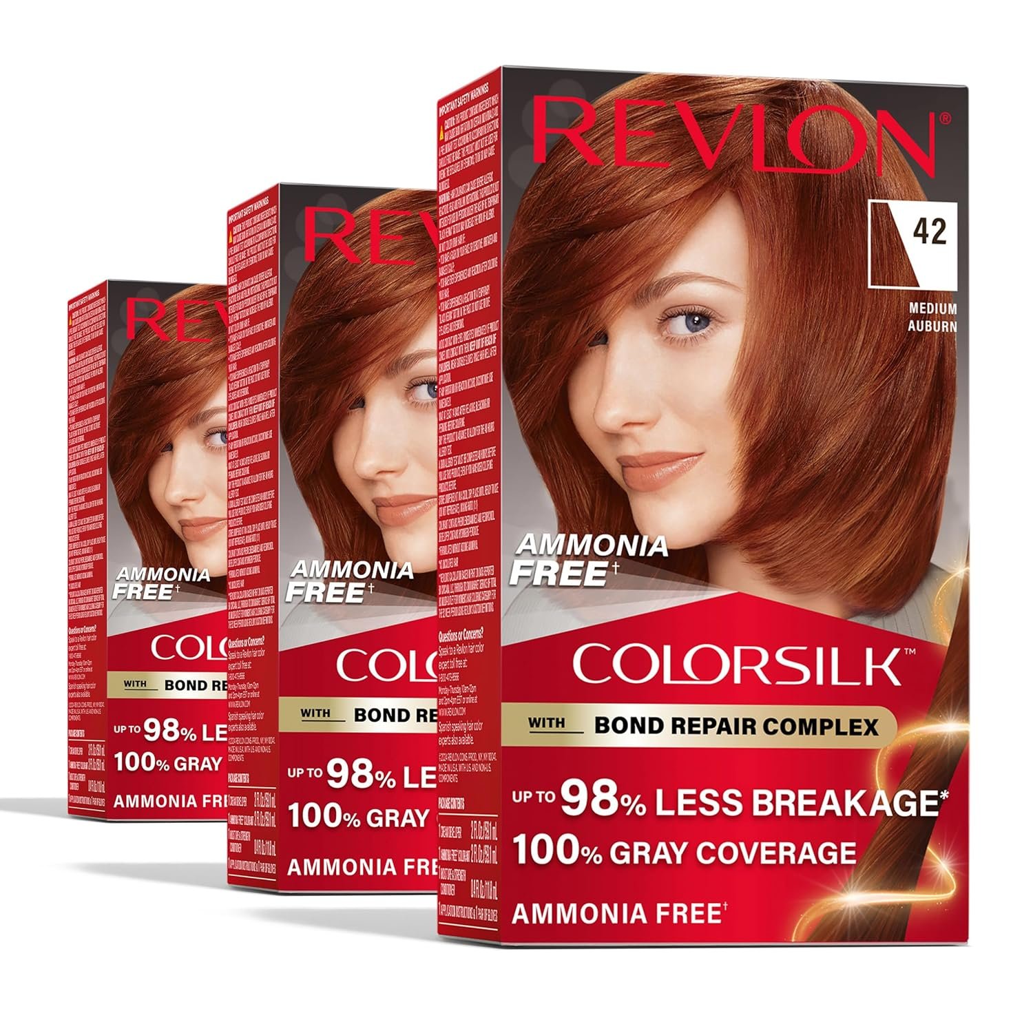 Revlon ColorSilk with Bond Repair Complex, Auburn Permanent Hair Color, 100% Gray Coverage, Ammonia Free Hair Dye, Vegan Keratin, 42 Medium Auburn (Pack of 3)