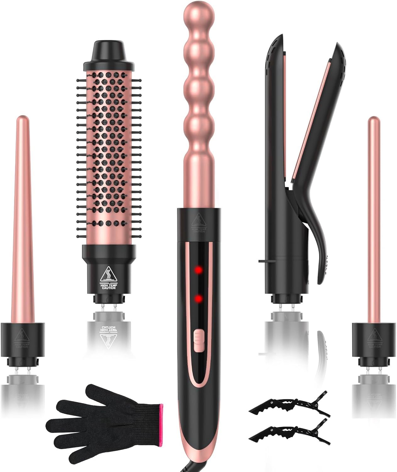 5 in 1 Curling Wand Set, Curling Iron with Curling Brush,Hair Straightener & 3 Interchangeable Ceramic Curling Wand(0.35″-1″), Fast Heat Hair Wand Curler, Include Glove & 2 Clips for Women Girls Gift