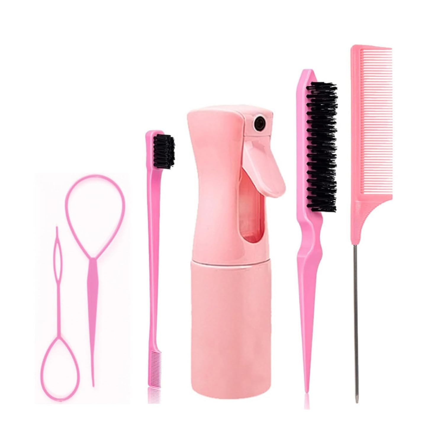 6-Piece Hair Styling Tools Set with Spray Bottle, Edge Control Brush, Rat Tail Comb, Teasing Hair Brush, and Hair Braiding Accessories(Pink)