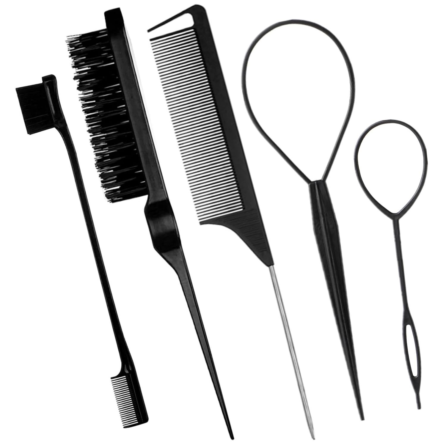 5Pcs Slick Back Brush Set with Topsy Tail Tool, Teasing Bristle, Rat Comb for Women & Girls Hair Styling, Flyaways Control and Edge Combing – BIACK