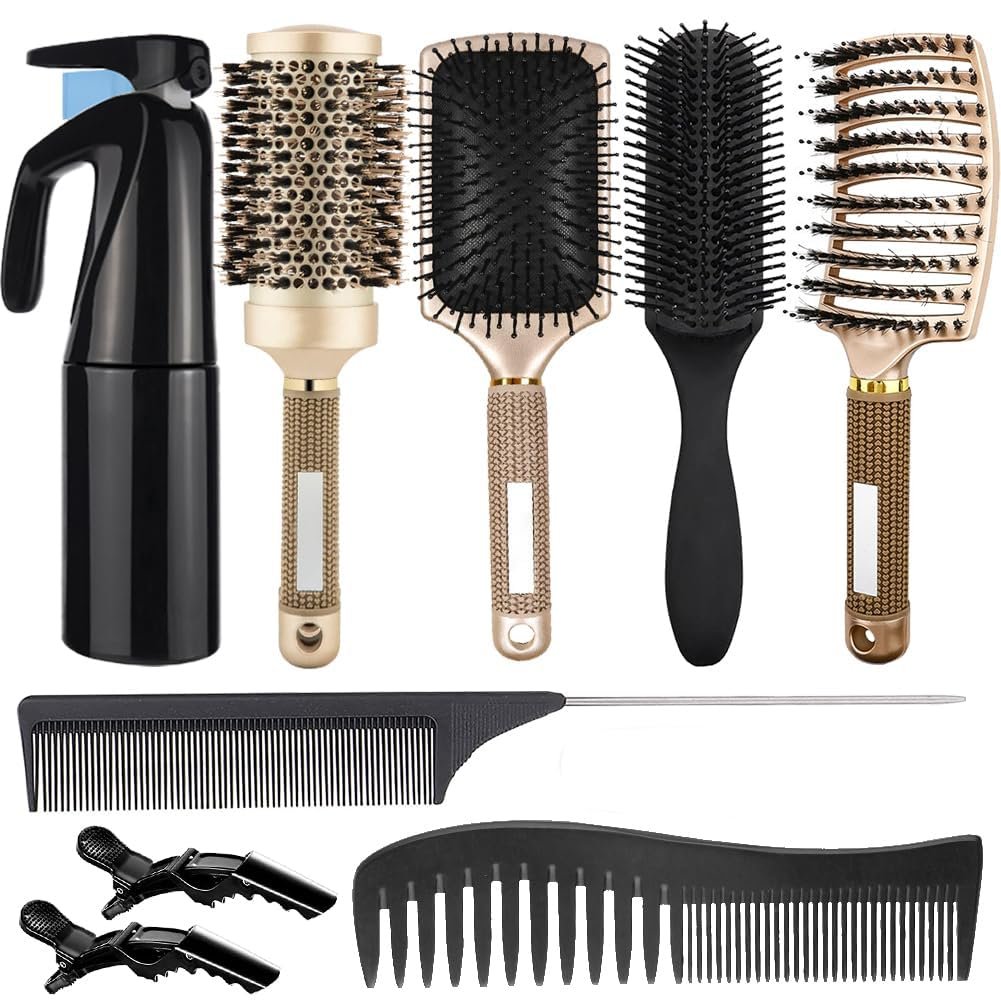 8Pcs Curly Hair Brush Set, Hair Brushes for Women, Round Brush for Blow Drying, Paddle Brush, Fit for Detangling Wet Long Thick Hair, Spray Bottle for Curly Wavy Hair, Family Daily Care (Golden)
